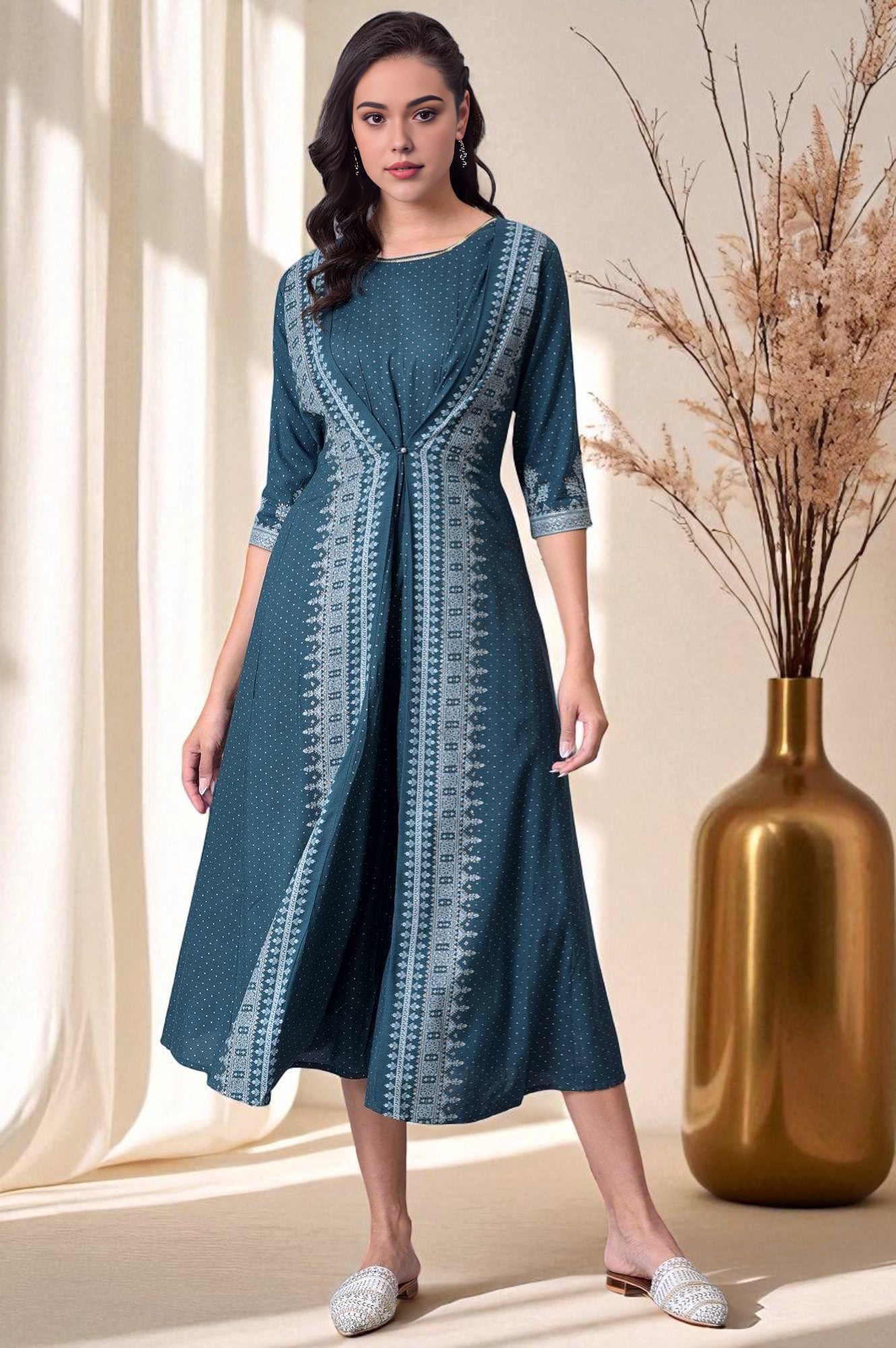 Liva Eco Teal Printed Flared Mock Layered Kimono Jumpsuit