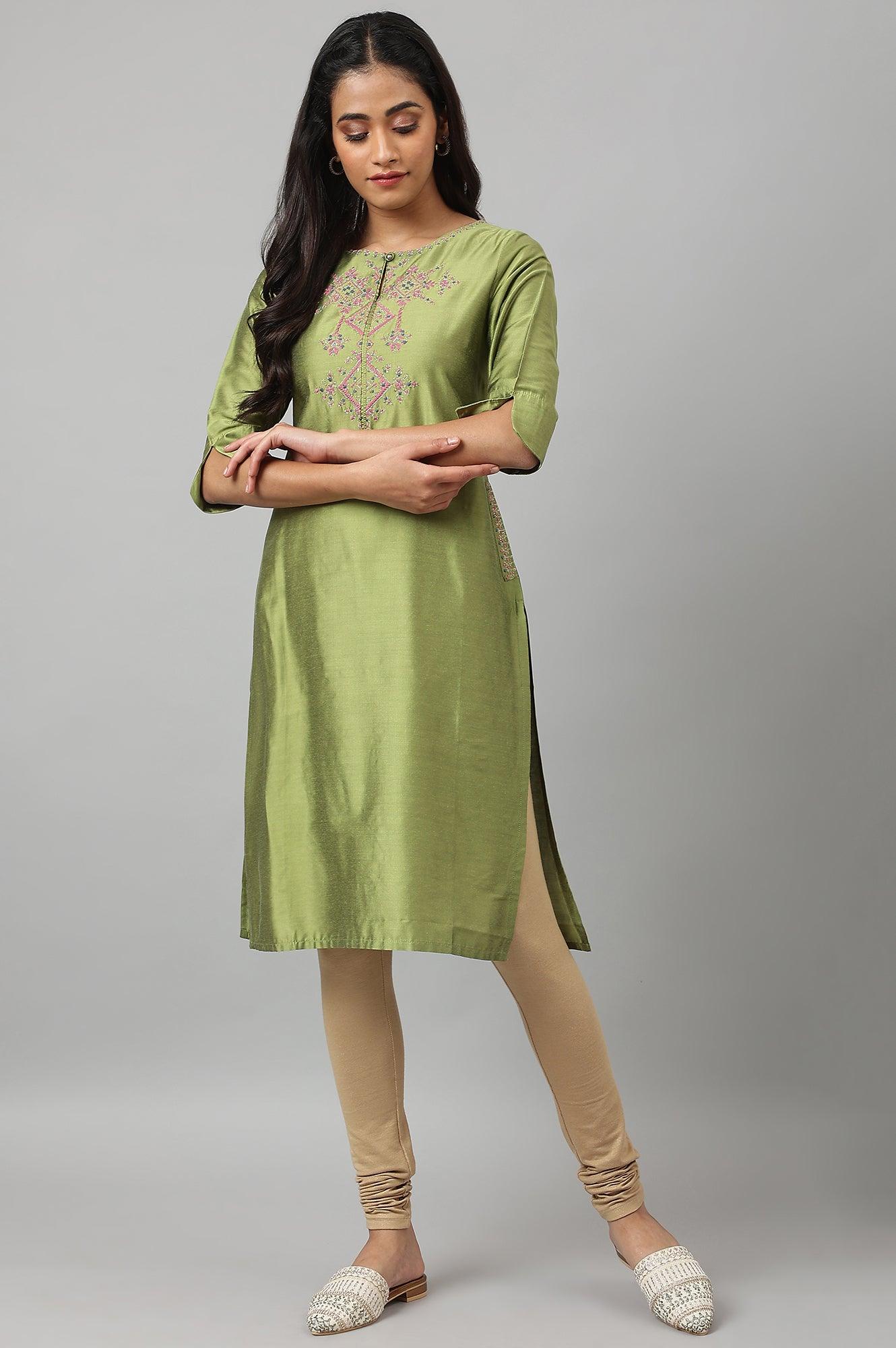 Olive Embroidered Straight kurta - wforwoman