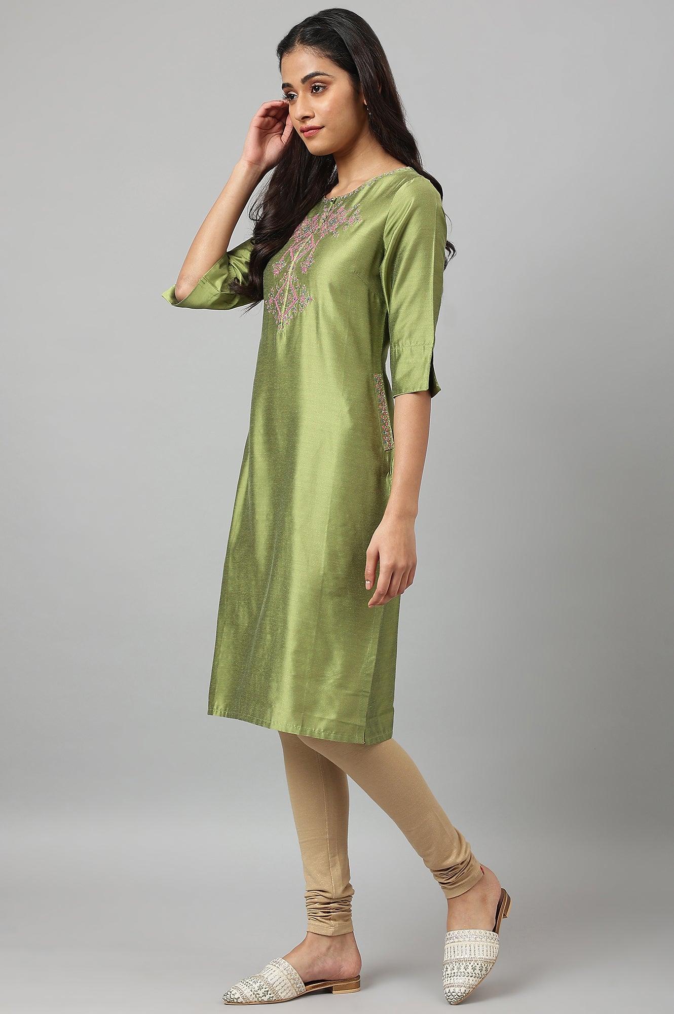 Olive Embroidered Straight kurta - wforwoman