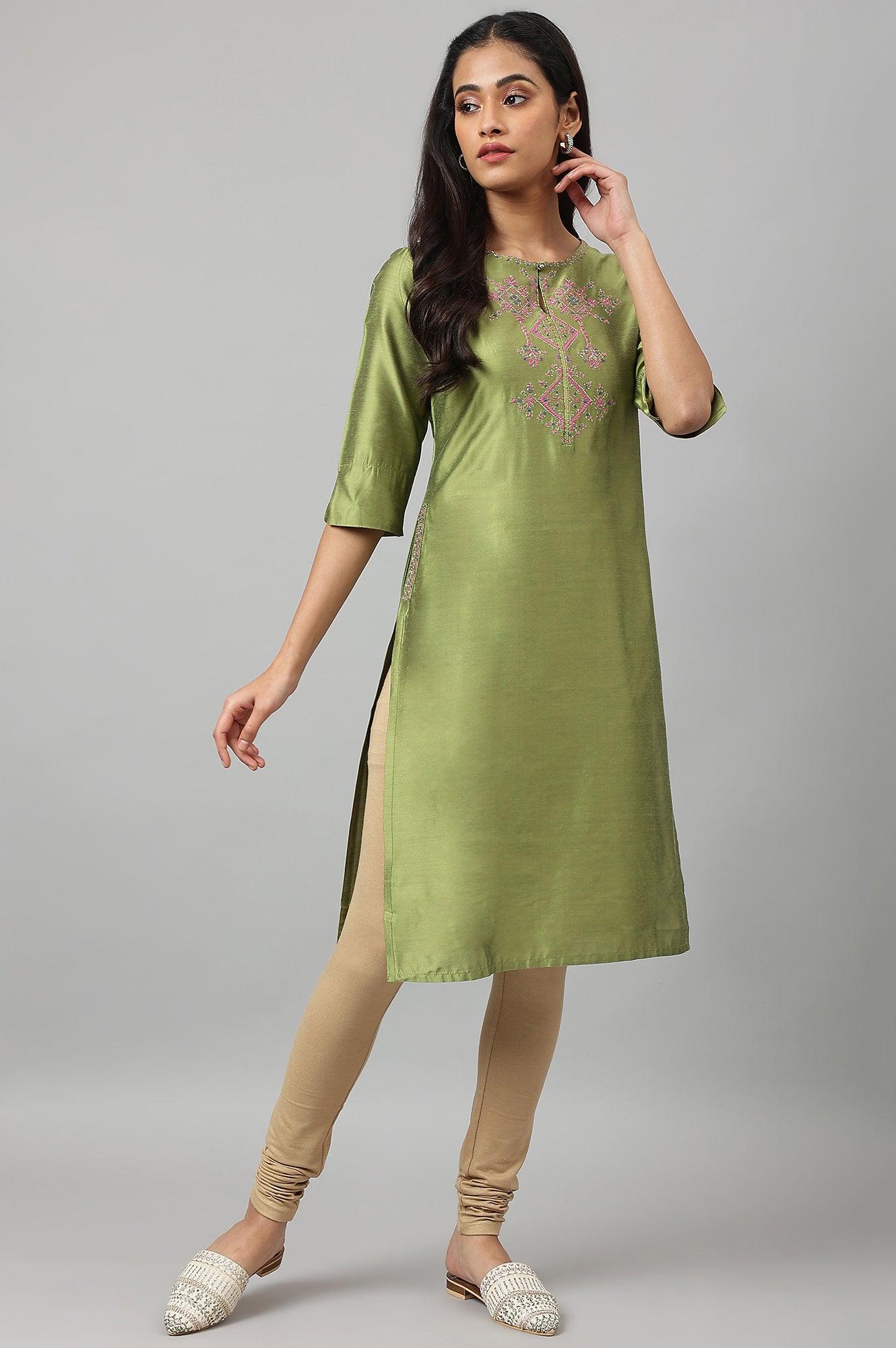 Olive Embroidered Straight kurta - wforwoman