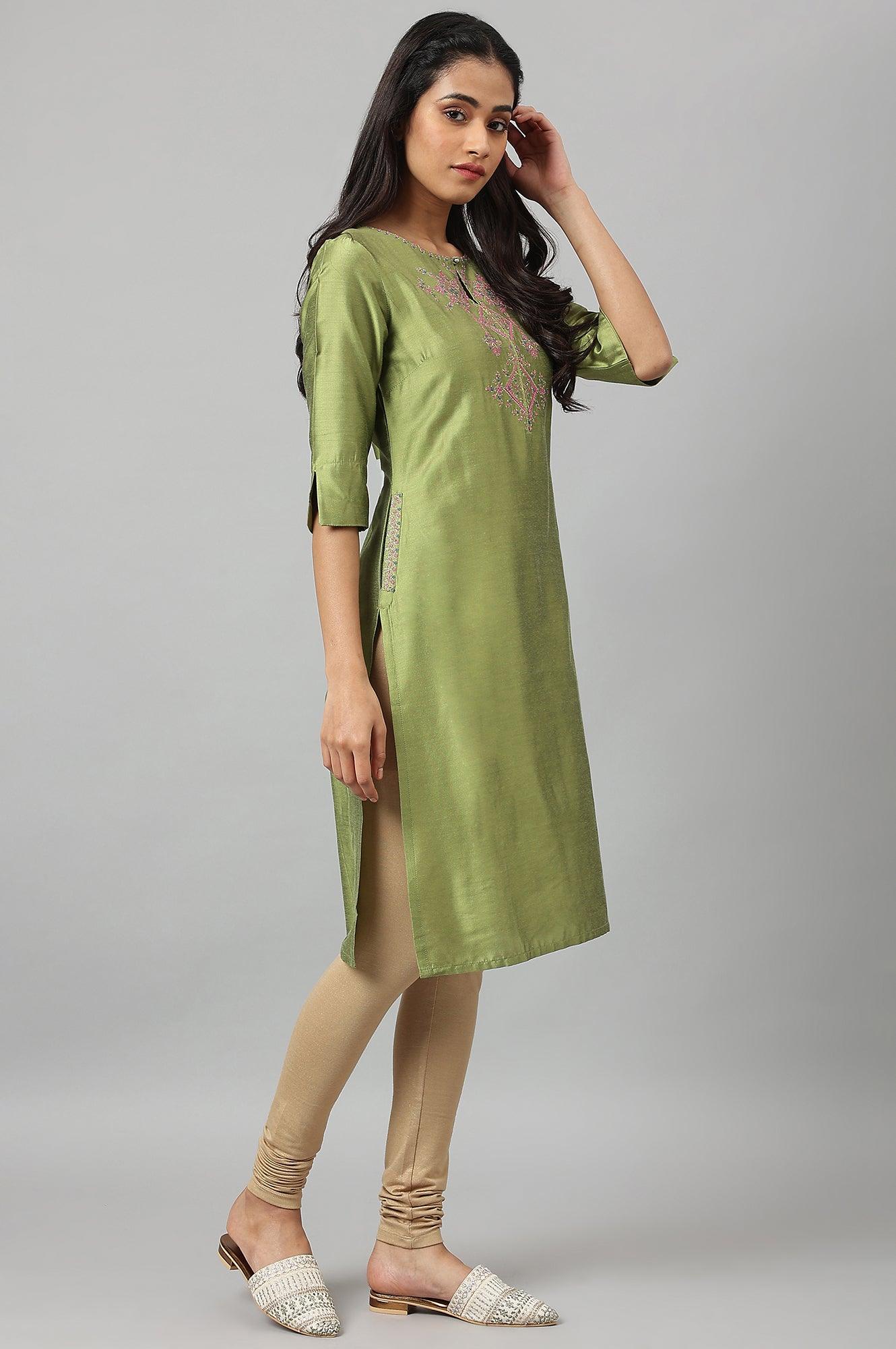 Olive Embroidered Straight kurta - wforwoman