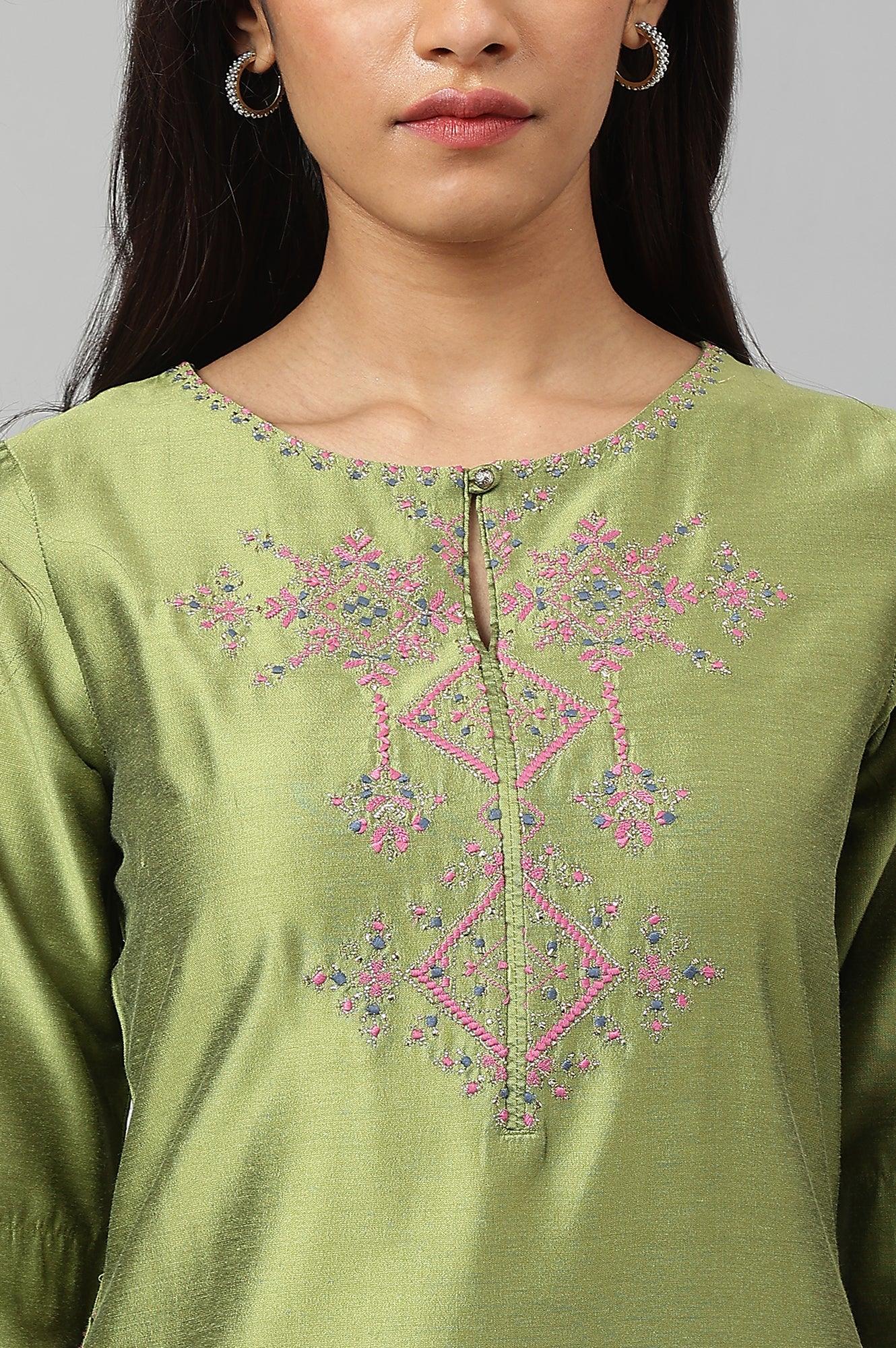 Olive Embroidered Straight kurta - wforwoman
