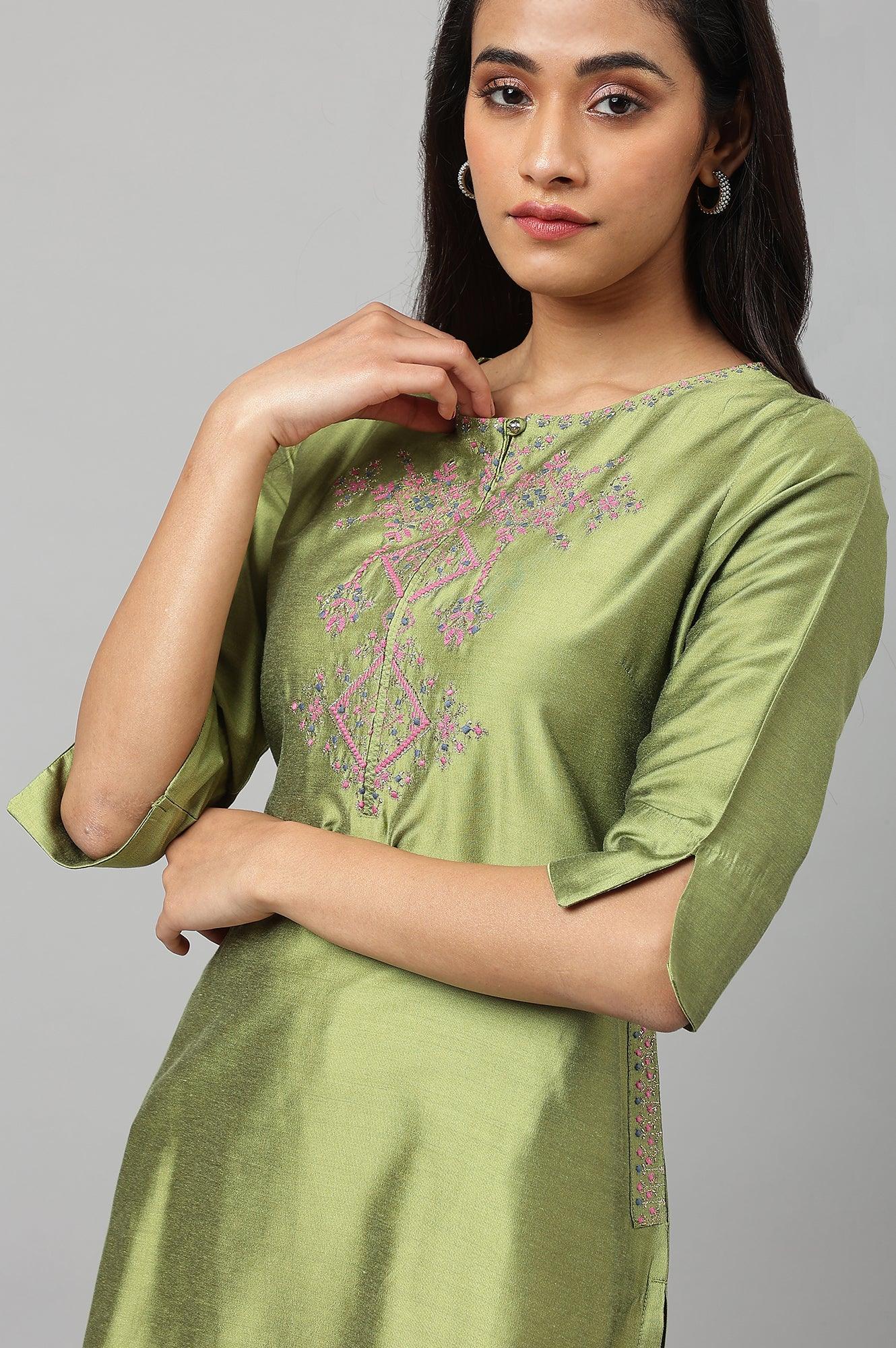 Olive Embroidered Straight kurta - wforwoman