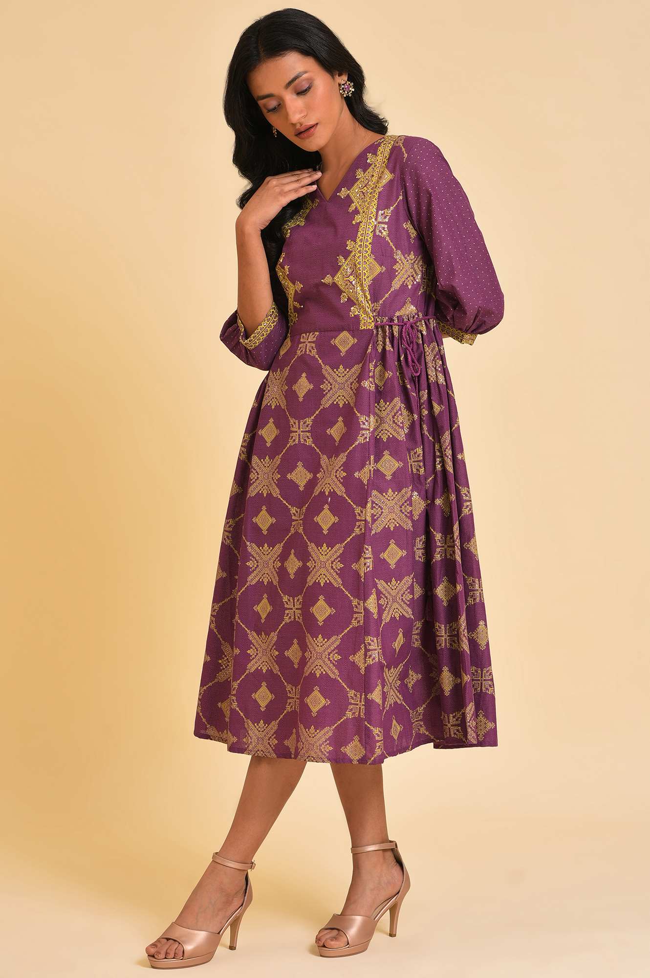 Buy Purple Festive Gathered Dress With Sequin Online for Woman | WforWoman Buy Purple Festive Gathered Dress With Sequin Online for Woman | WforWoman