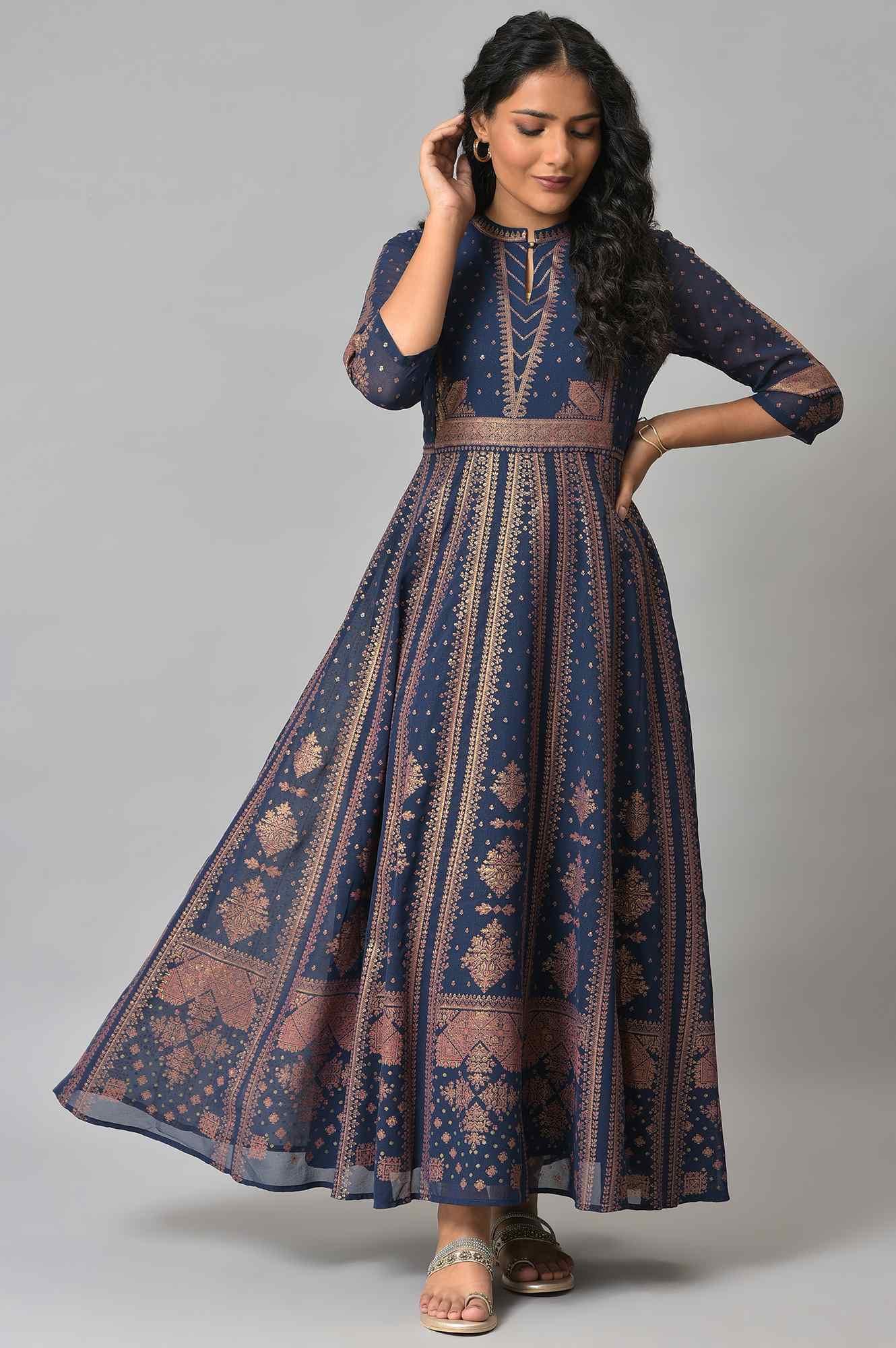 Dark Blue Gold Foil Printed Georgette Dress - wforwoman