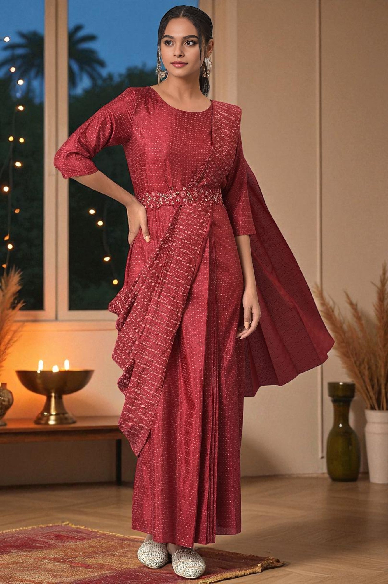 Maroon Festive Maxi Saree Dress with Embroidered Belt