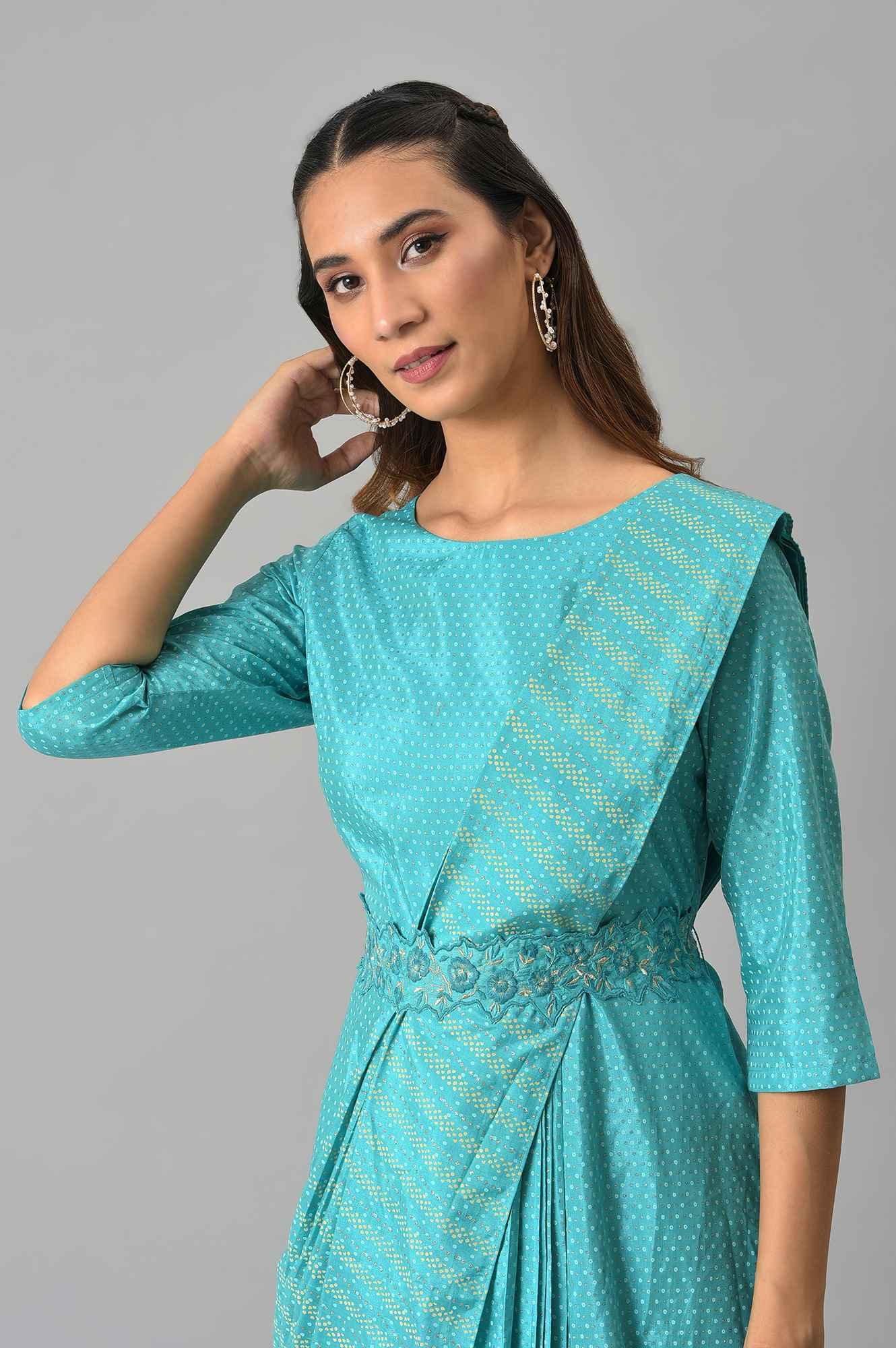 Teal Insta Saree Dress With Embroidered Belt - wforwoman
