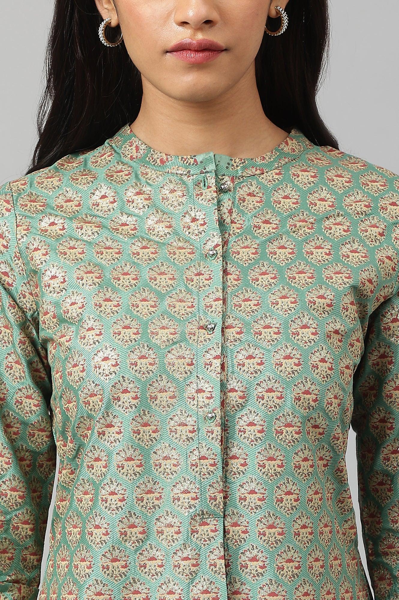 Green Glitter Printed kurta In Mandarin Collar - wforwoman