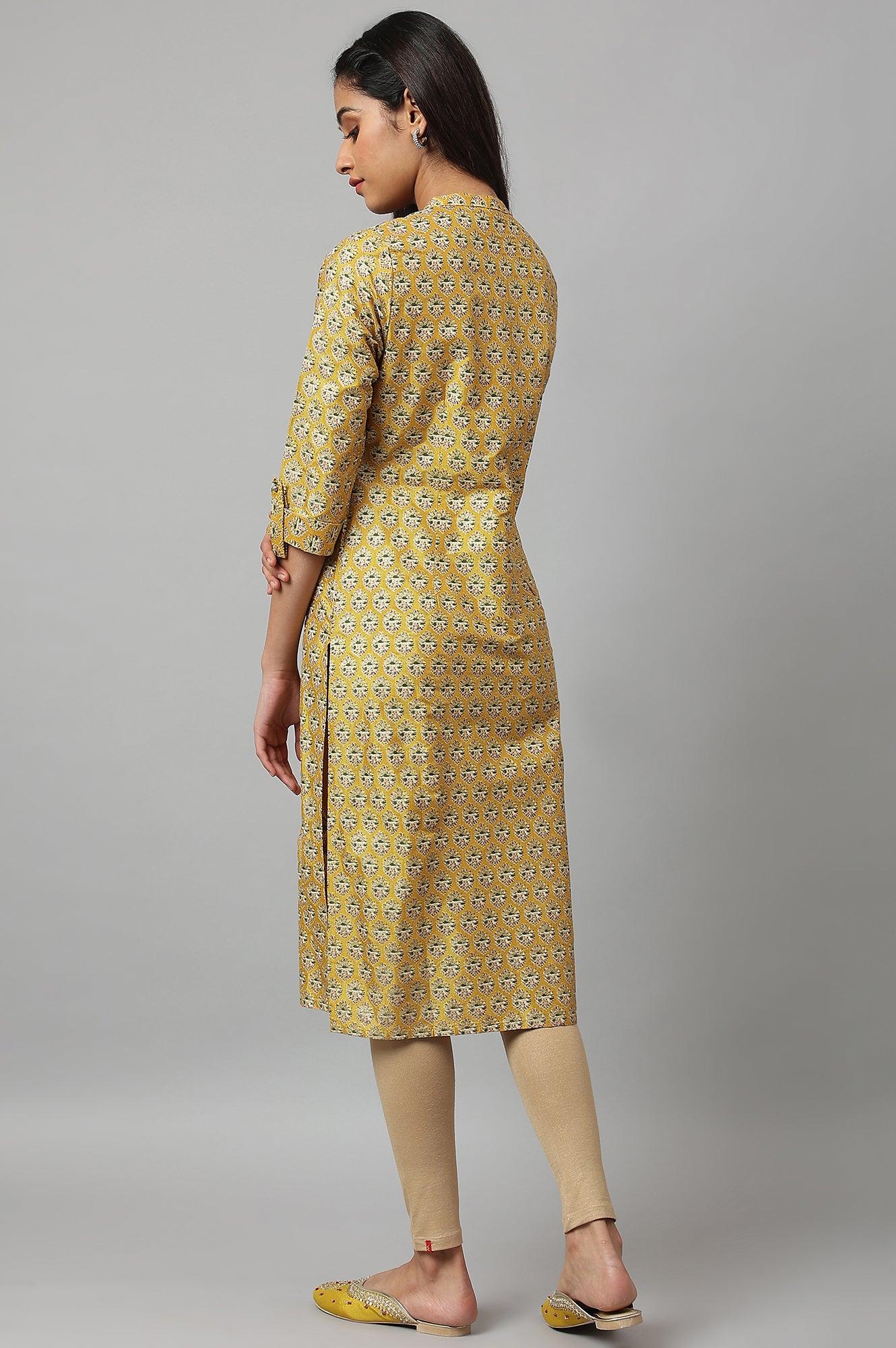 Mustard Glitter Printed kurta In Mandarin Collar - wforwoman