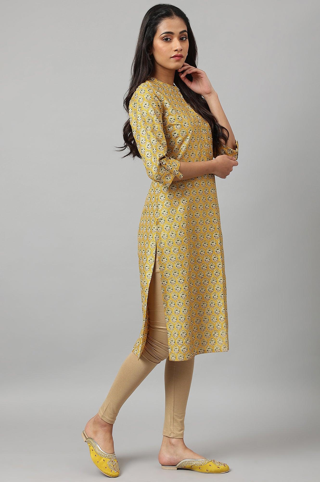 Mustard Glitter Printed kurta In Mandarin Collar - wforwoman