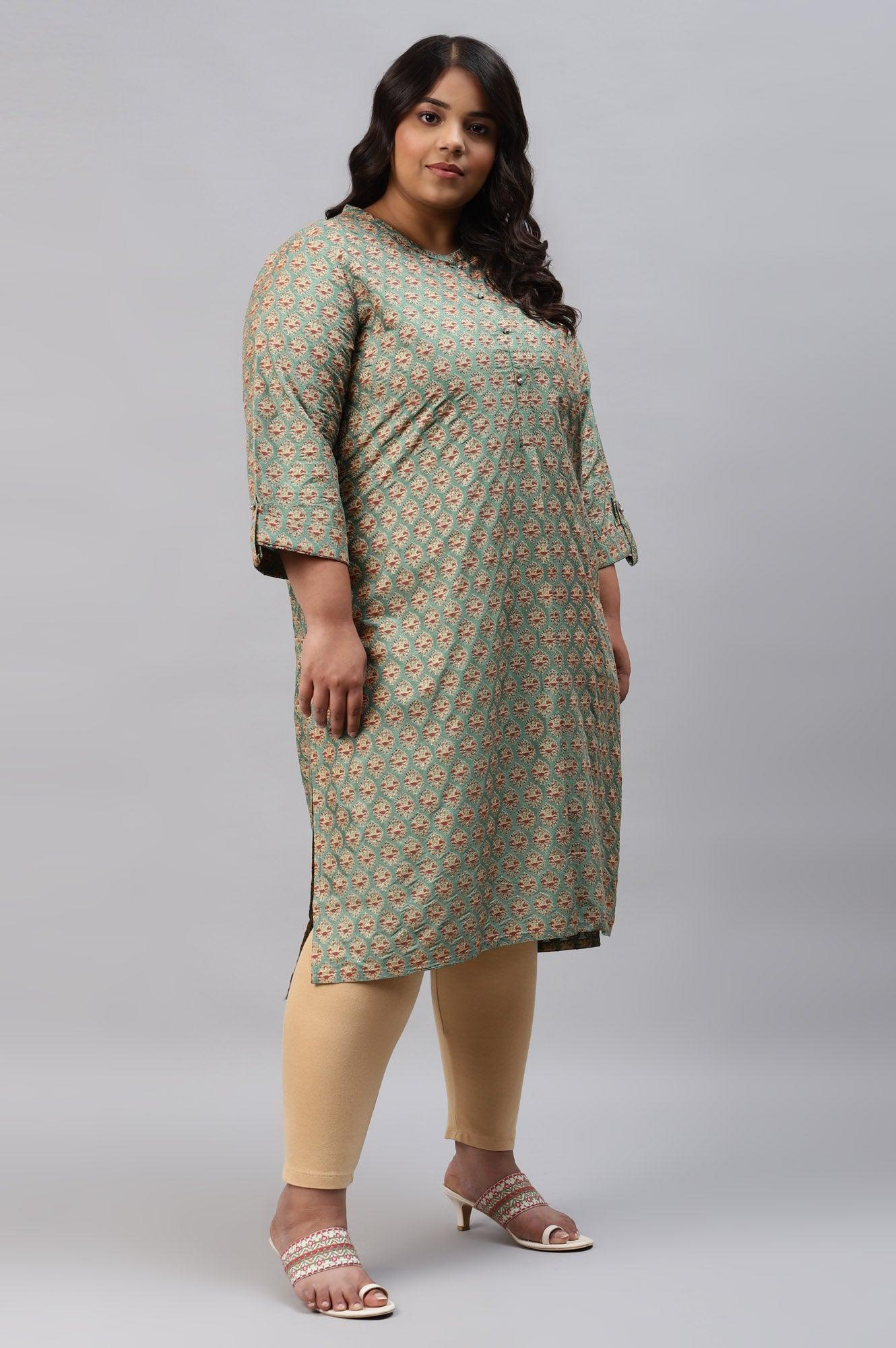 Green Glitter Printed Plus Size kurta In Mandarin Collar - wforwoman