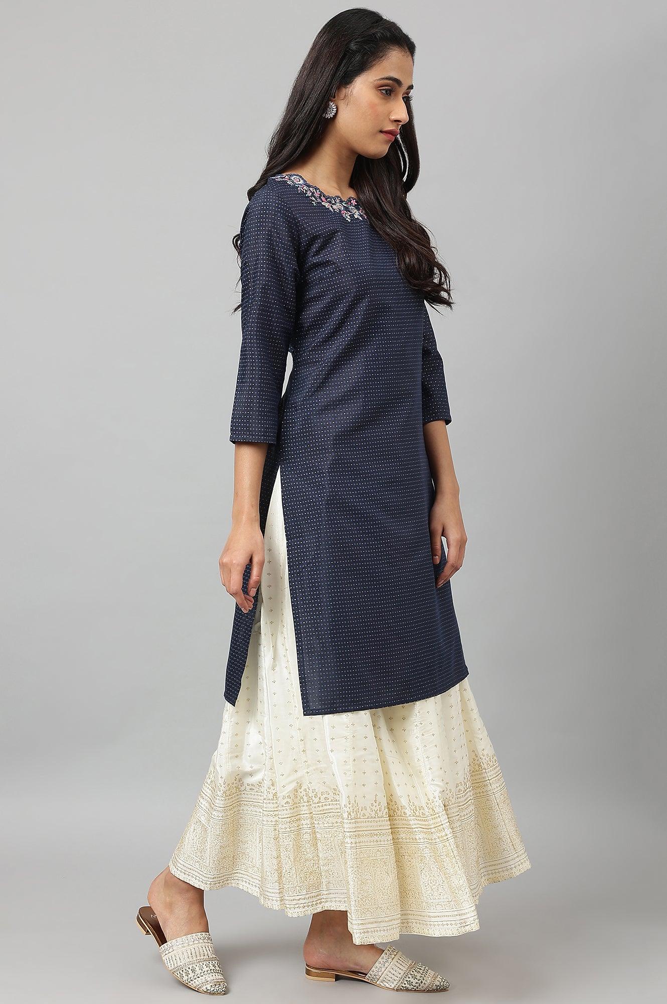 Navy Blue Festive kurta With Embroidered Neck - wforwoman