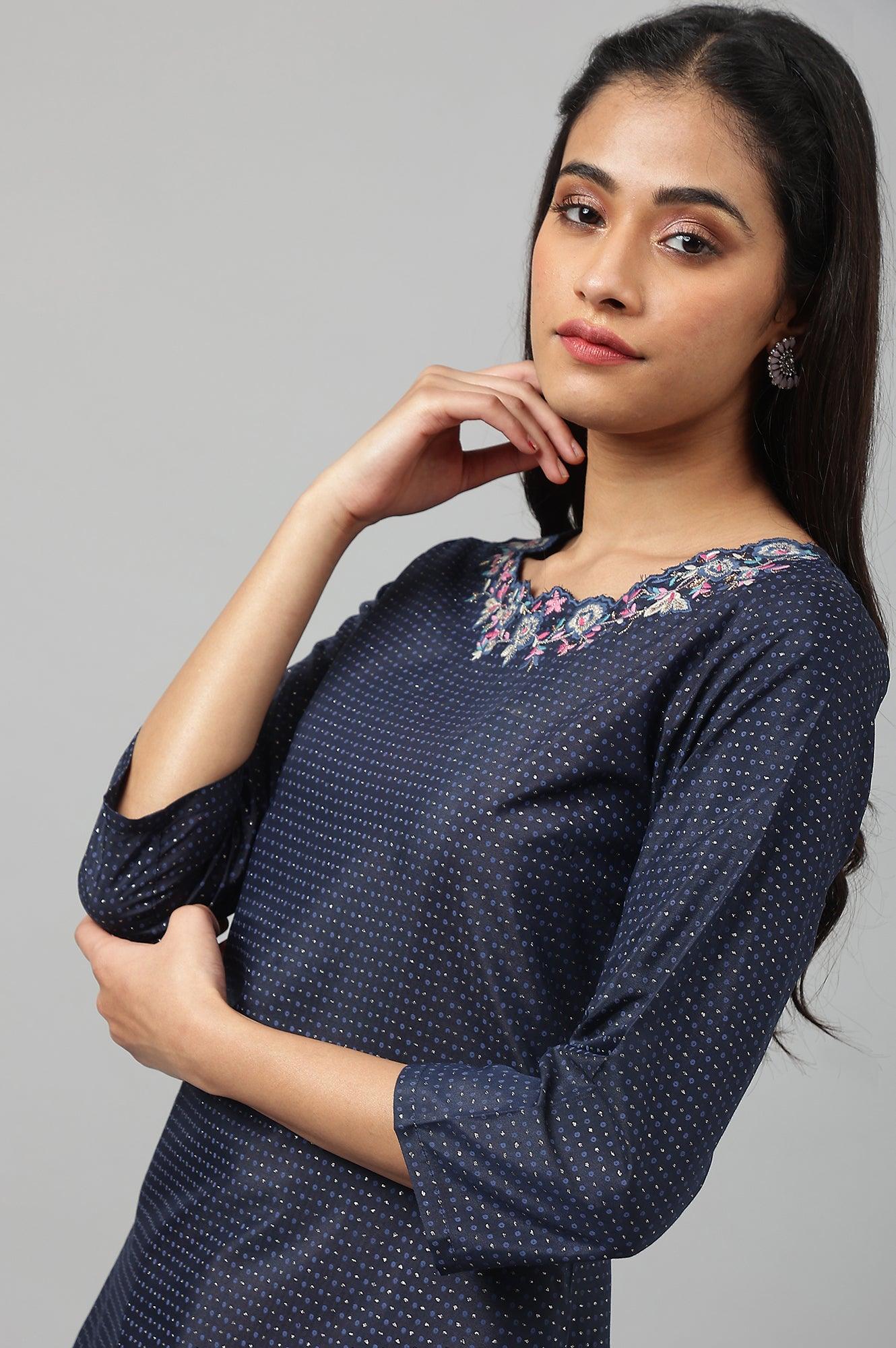 Navy Blue Festive kurta With Embroidered Neck - wforwoman