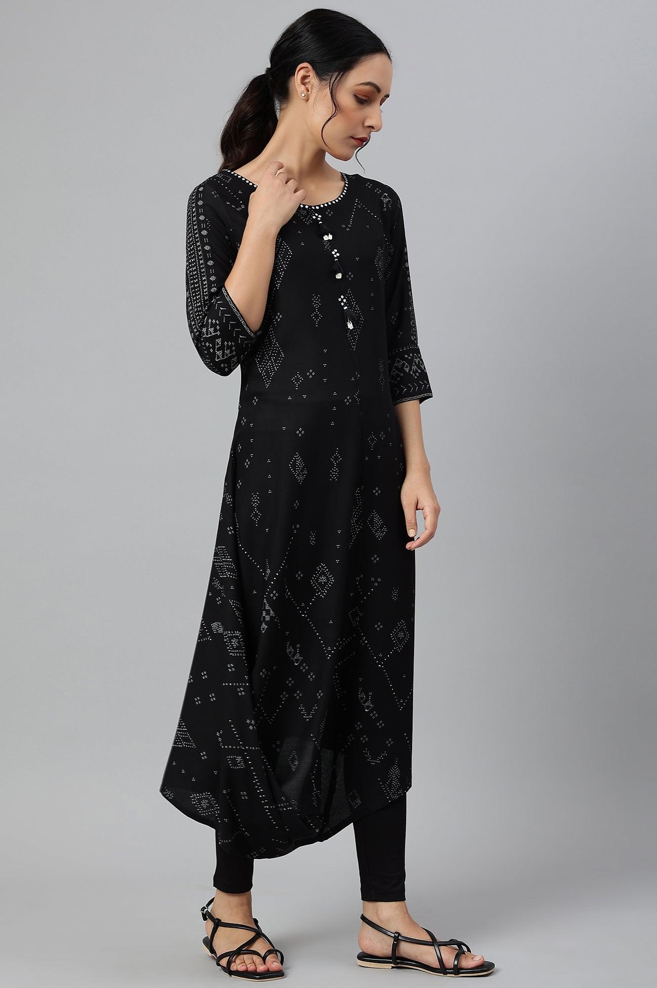 Black Printed A-Line kurta With Cowl Hemline - wforwoman