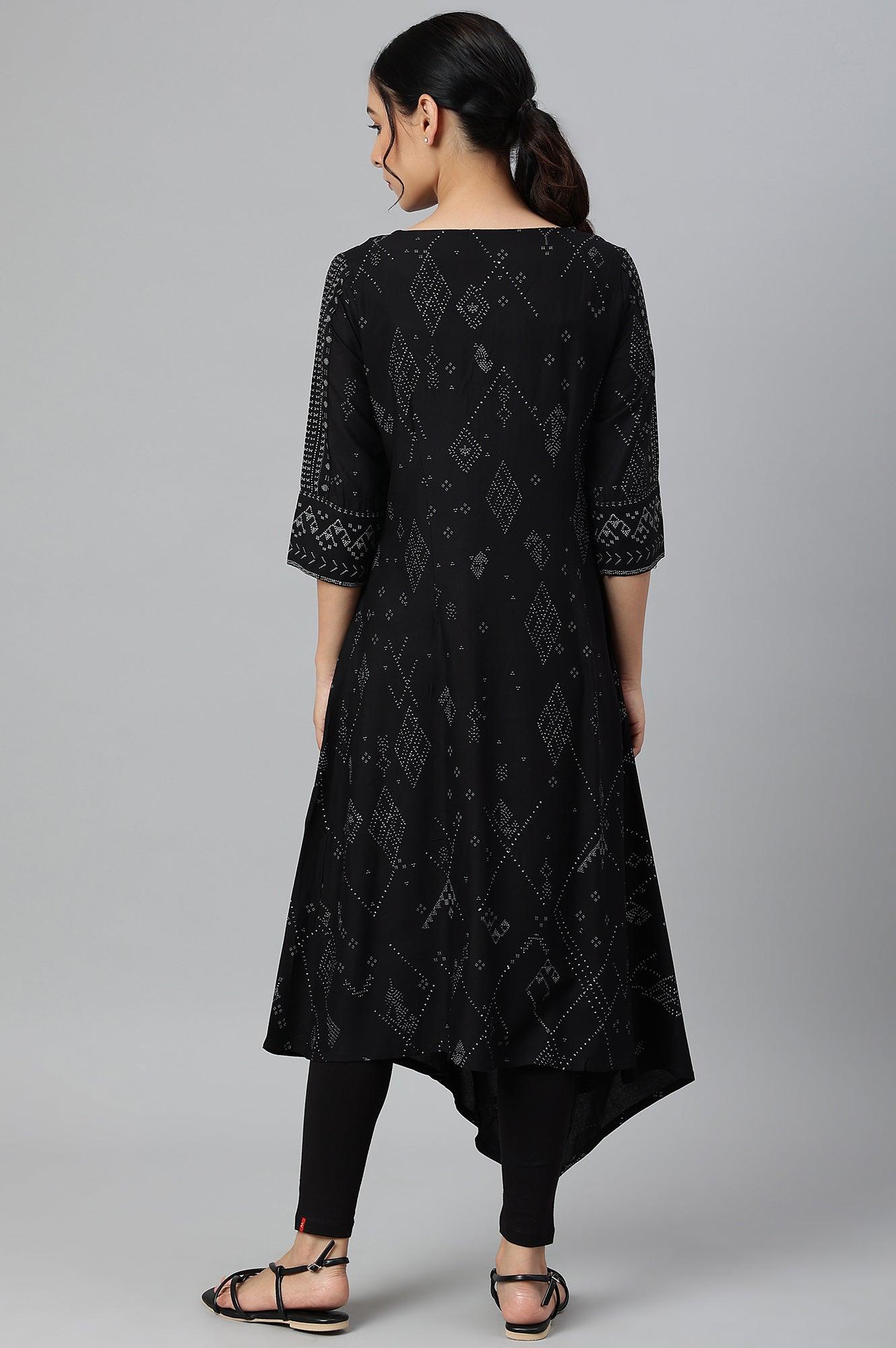 Black Printed A-Line kurta With Cowl Hemline - wforwoman
