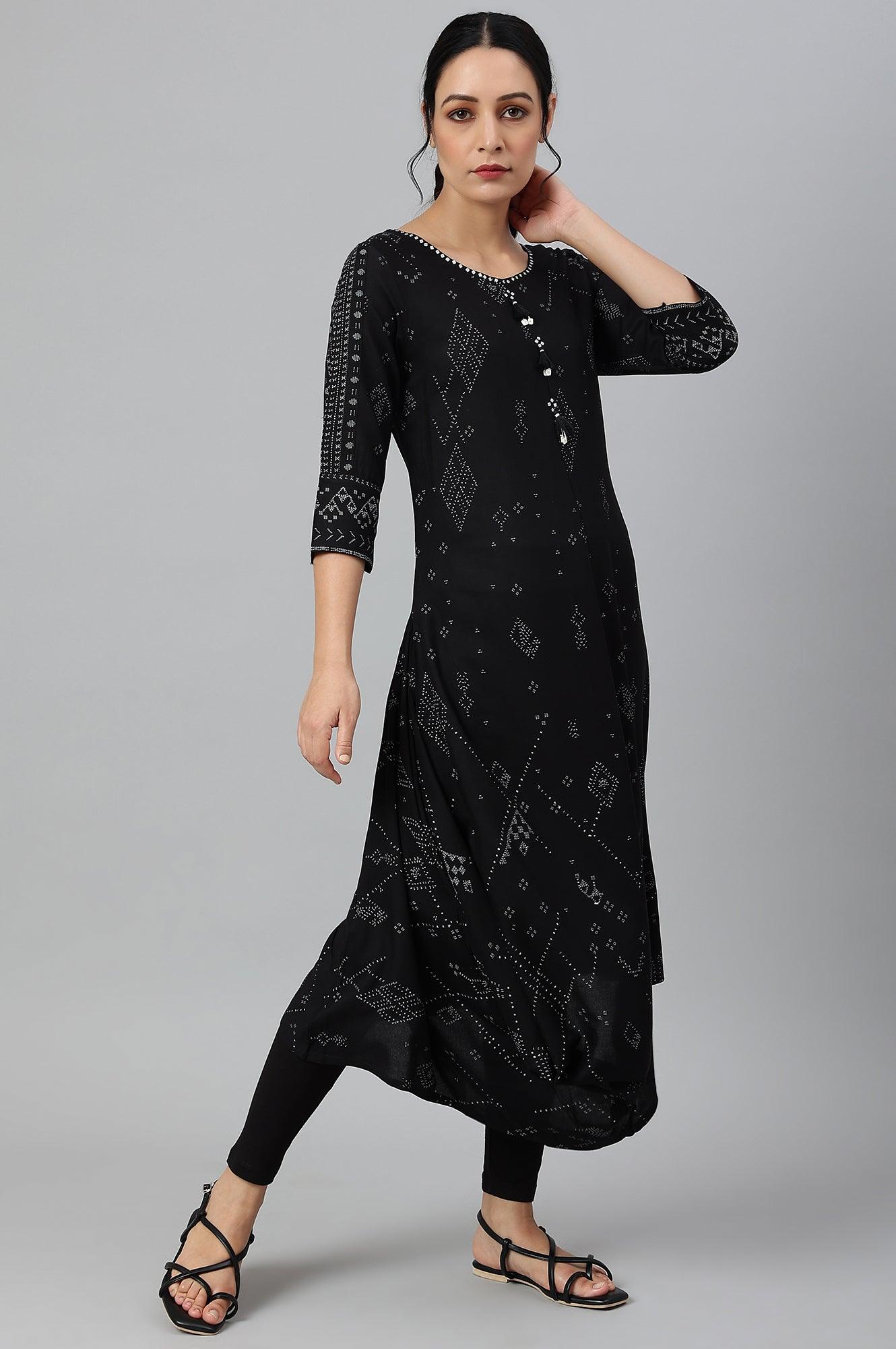 Black Printed A-Line kurta With Cowl Hemline - wforwoman