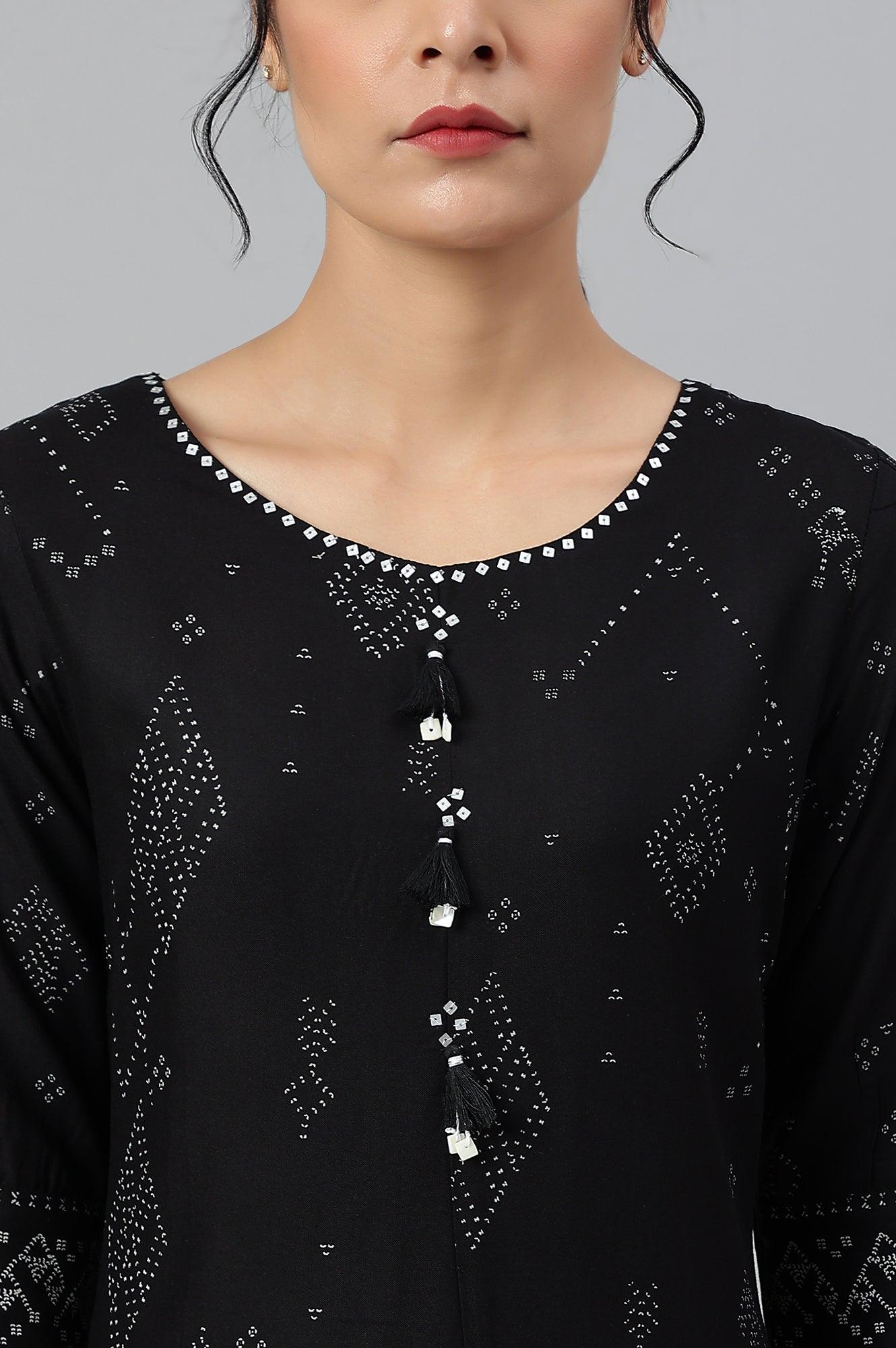 Black Printed A-Line kurta With Cowl Hemline - wforwoman