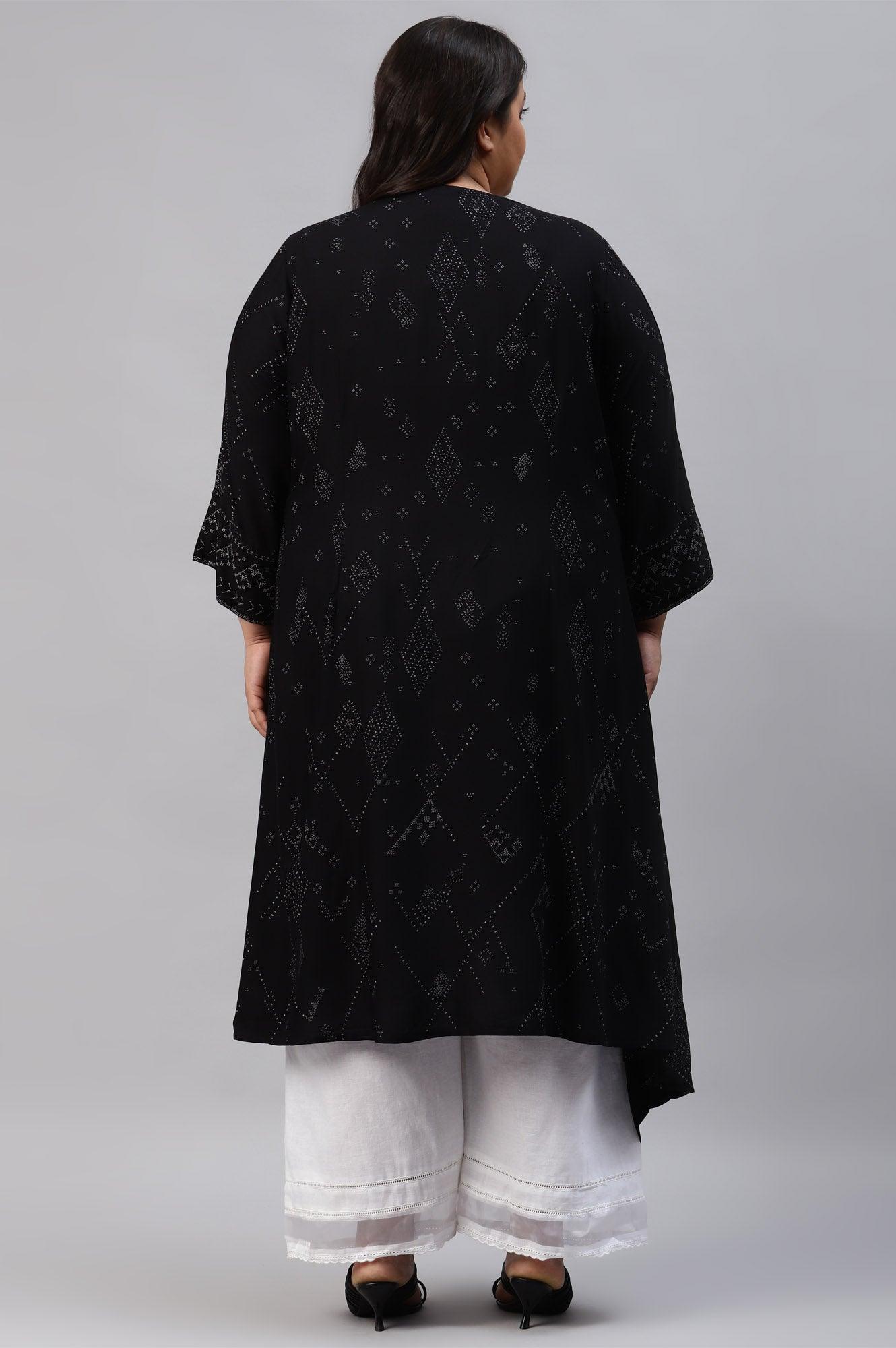 Plus Size Black Printed A-Line kurta With Cowl Hemline - wforwoman