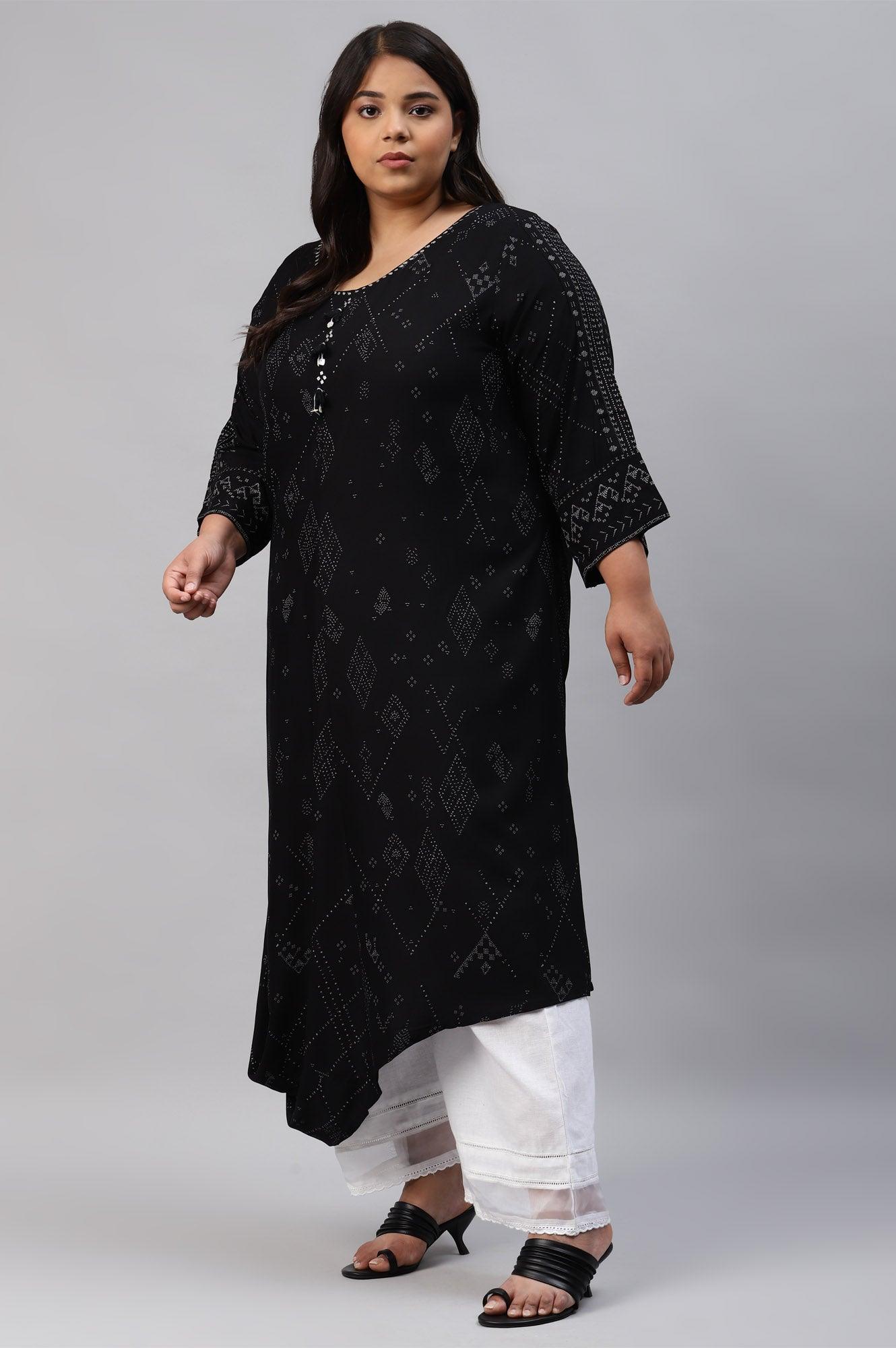 Plus Size Black Printed A-Line kurta With Cowl Hemline - wforwoman