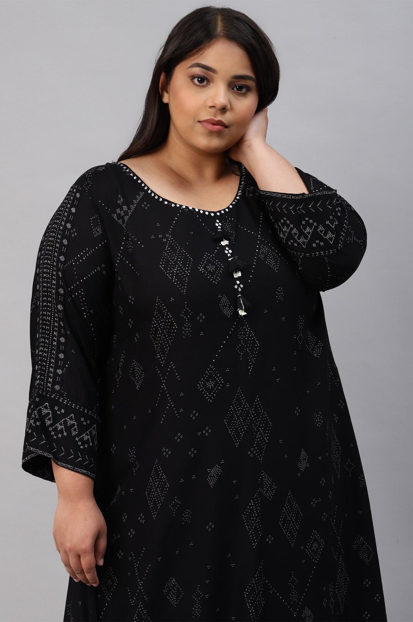 Plus Size Black Printed A-Line kurta With Cowl Hemline - wforwoman
