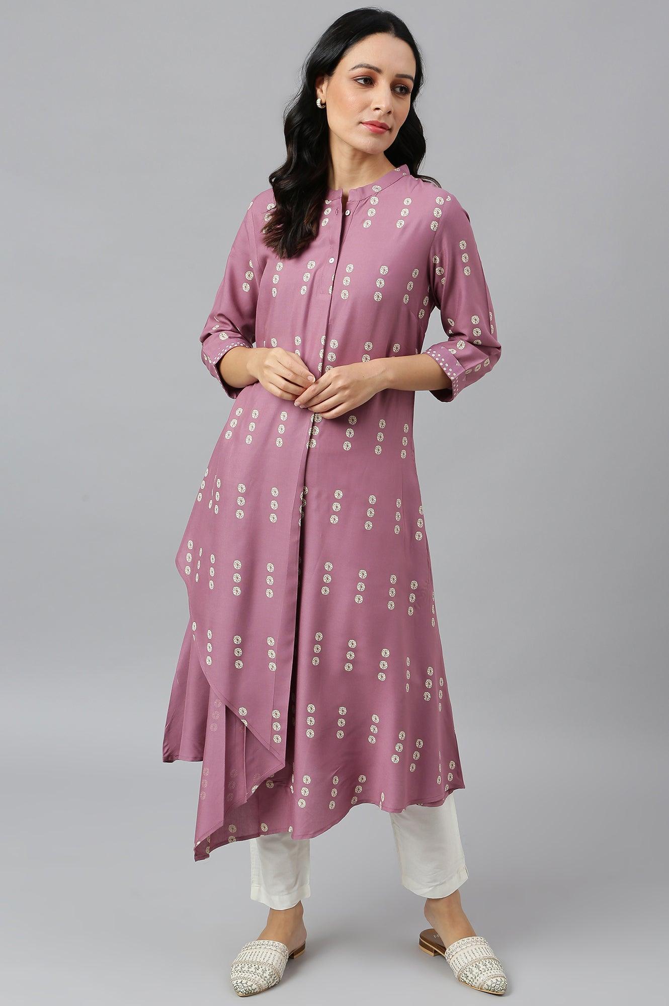 Purple Asymmetric Hemline kurta In Mandarin Collar - wforwoman