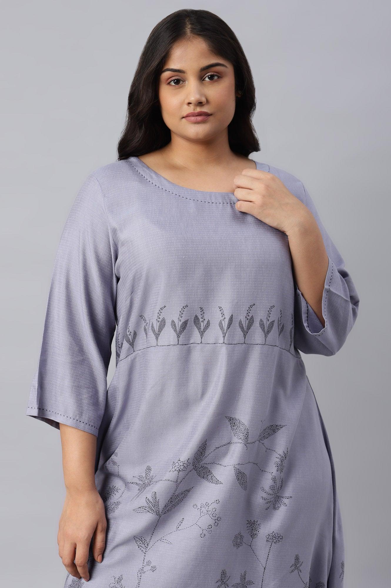 Plus Size Blue Floral kurta With Kantha Details - wforwoman