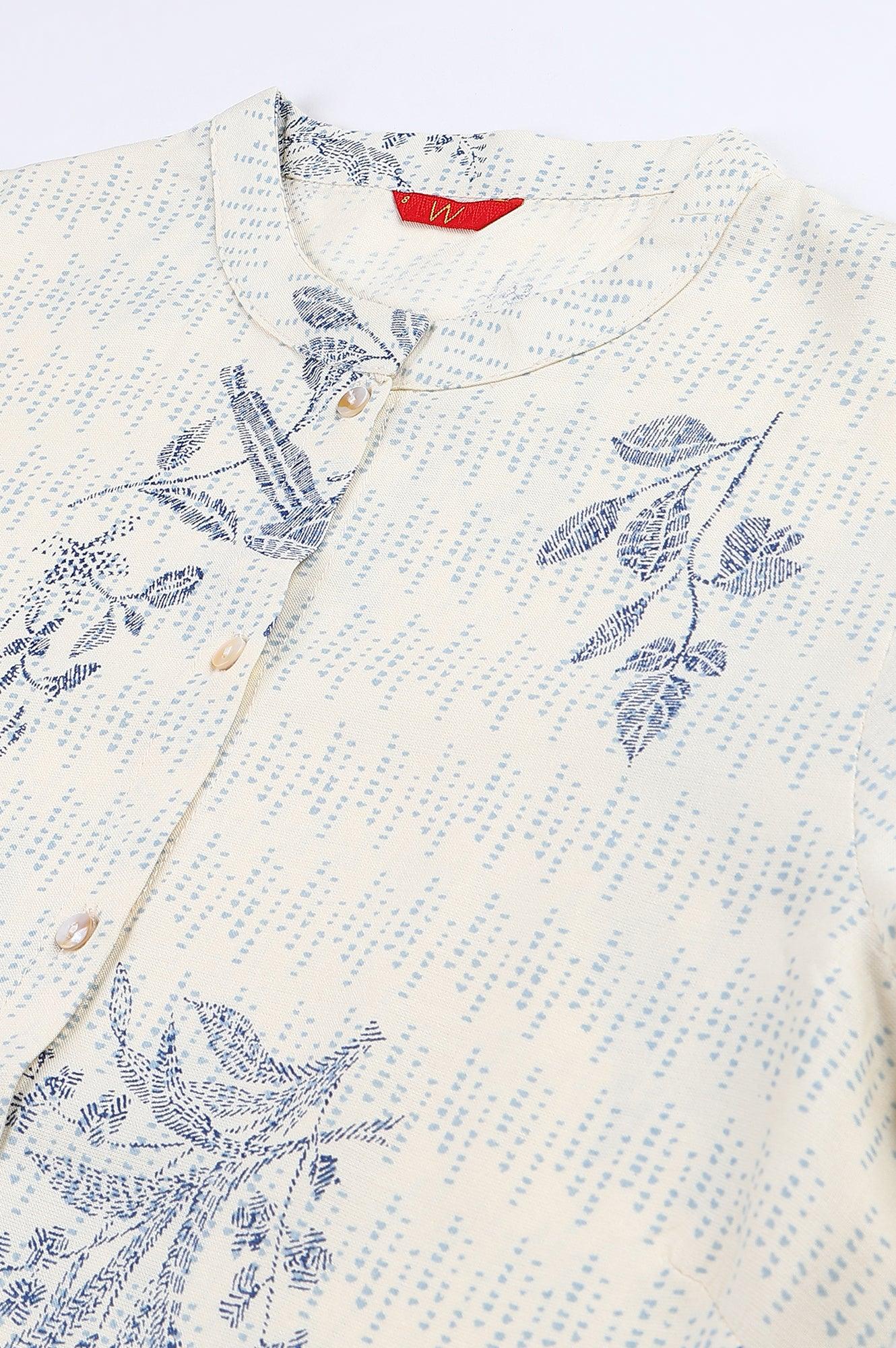 Ecru And Blue Button Down kurta - wforwoman