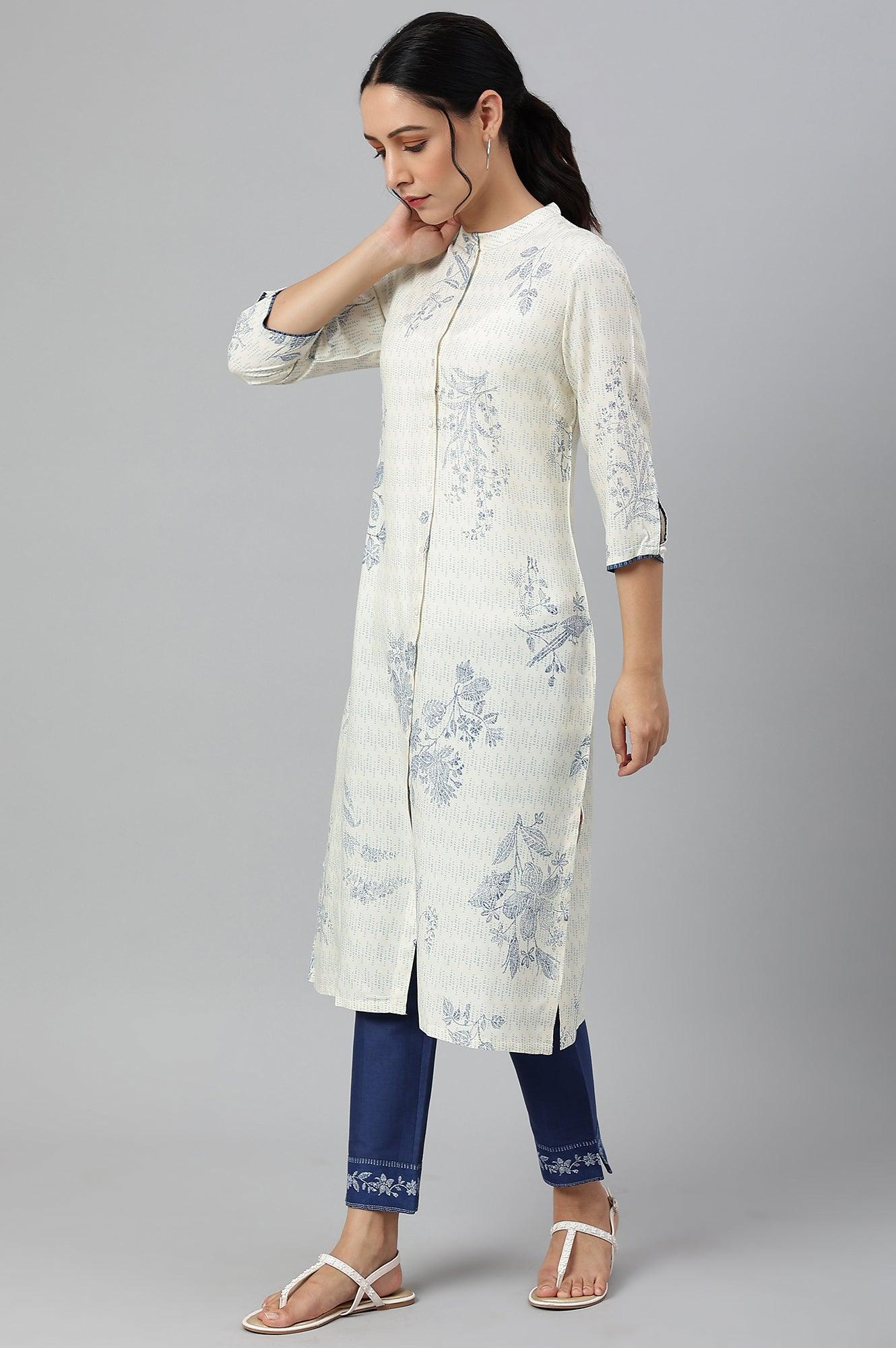 Ecru And Blue Button Down kurta - wforwoman