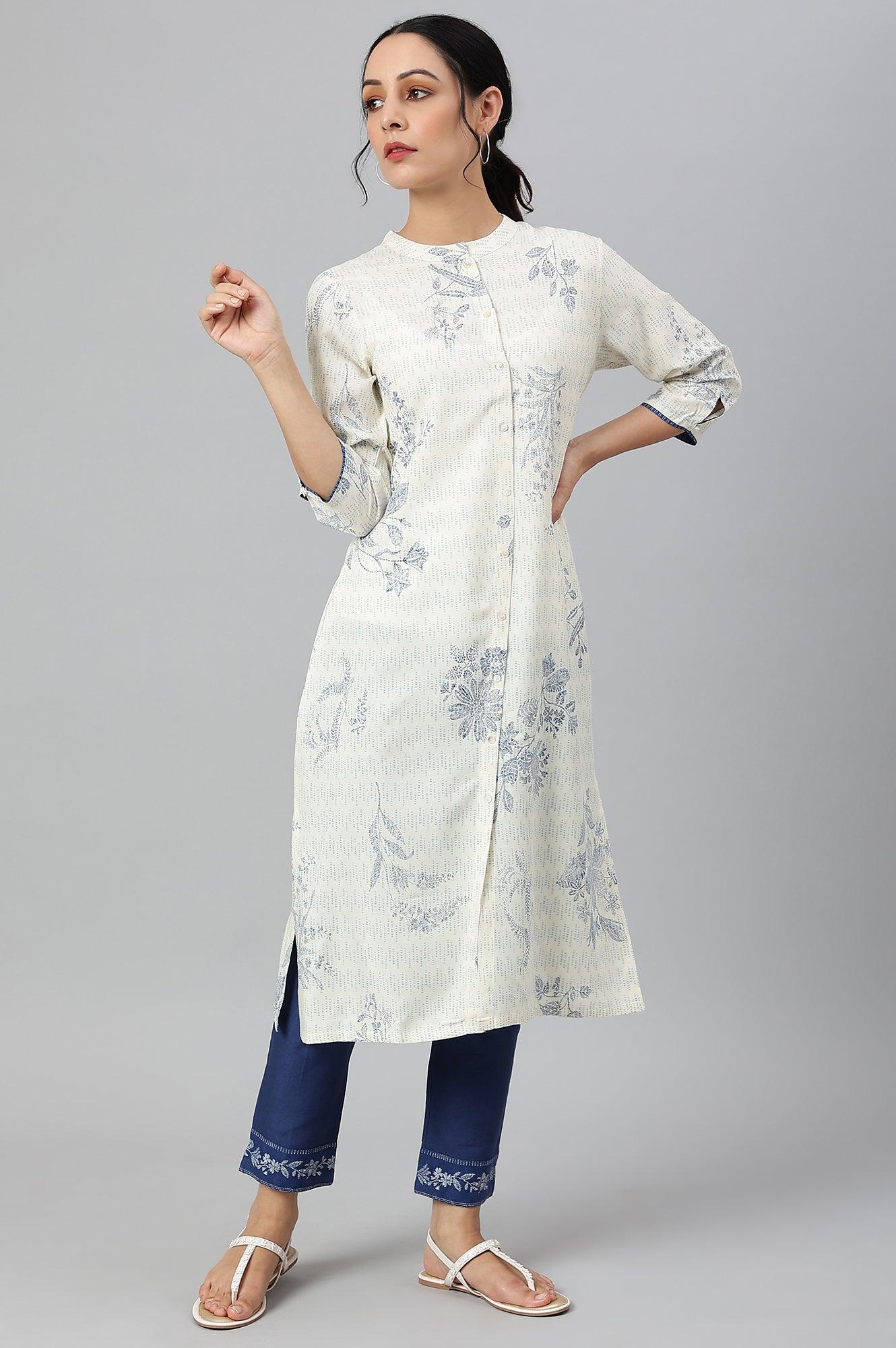 Ecru And Blue Button Down kurta - wforwoman