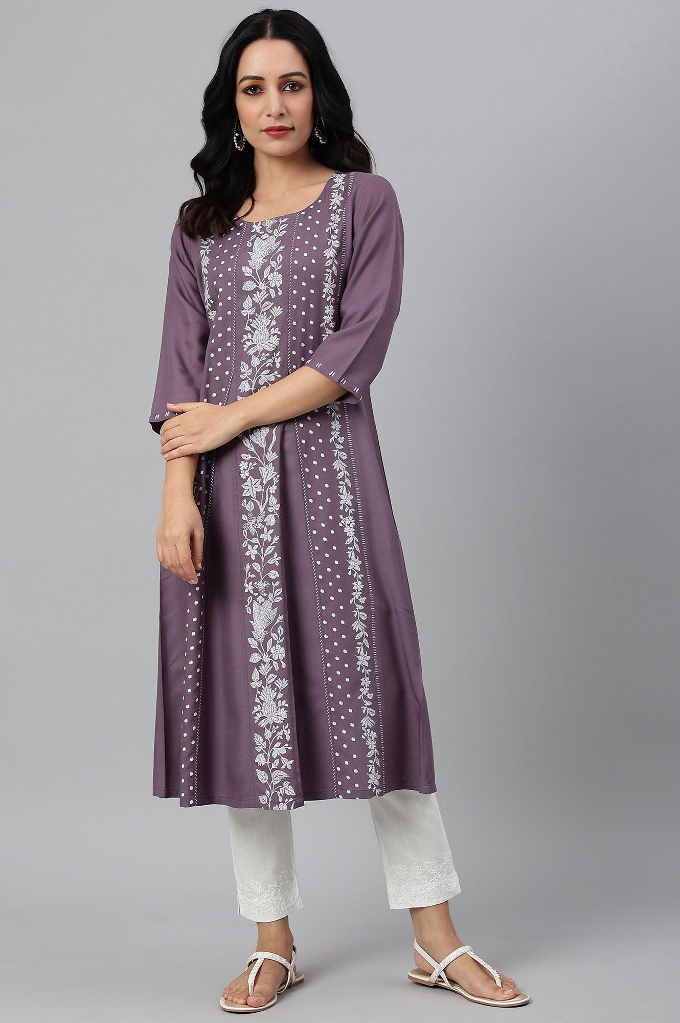Purple Floral Print kurta With Godets - wforwoman