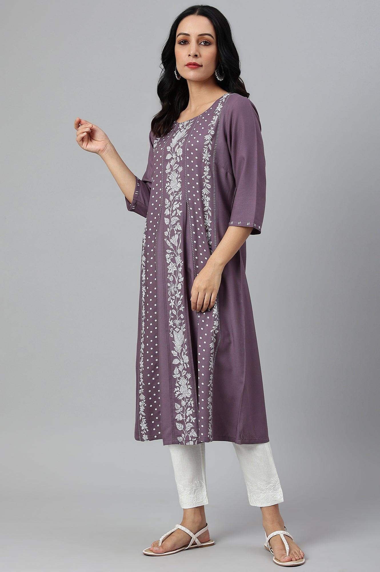 Purple Floral Print kurta With Godets - wforwoman