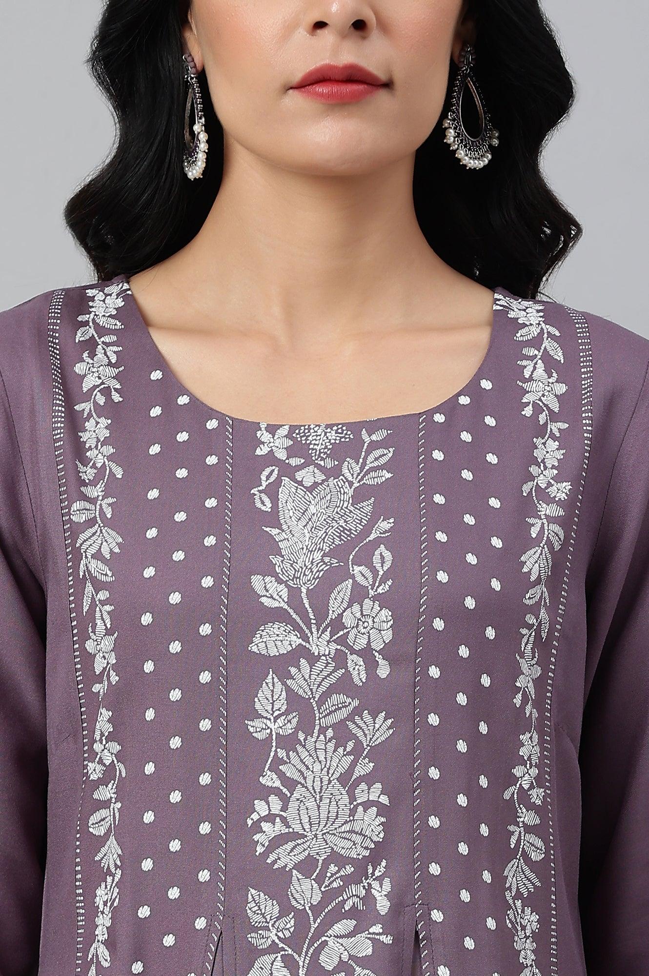 Purple Floral Print kurta With Godets - wforwoman