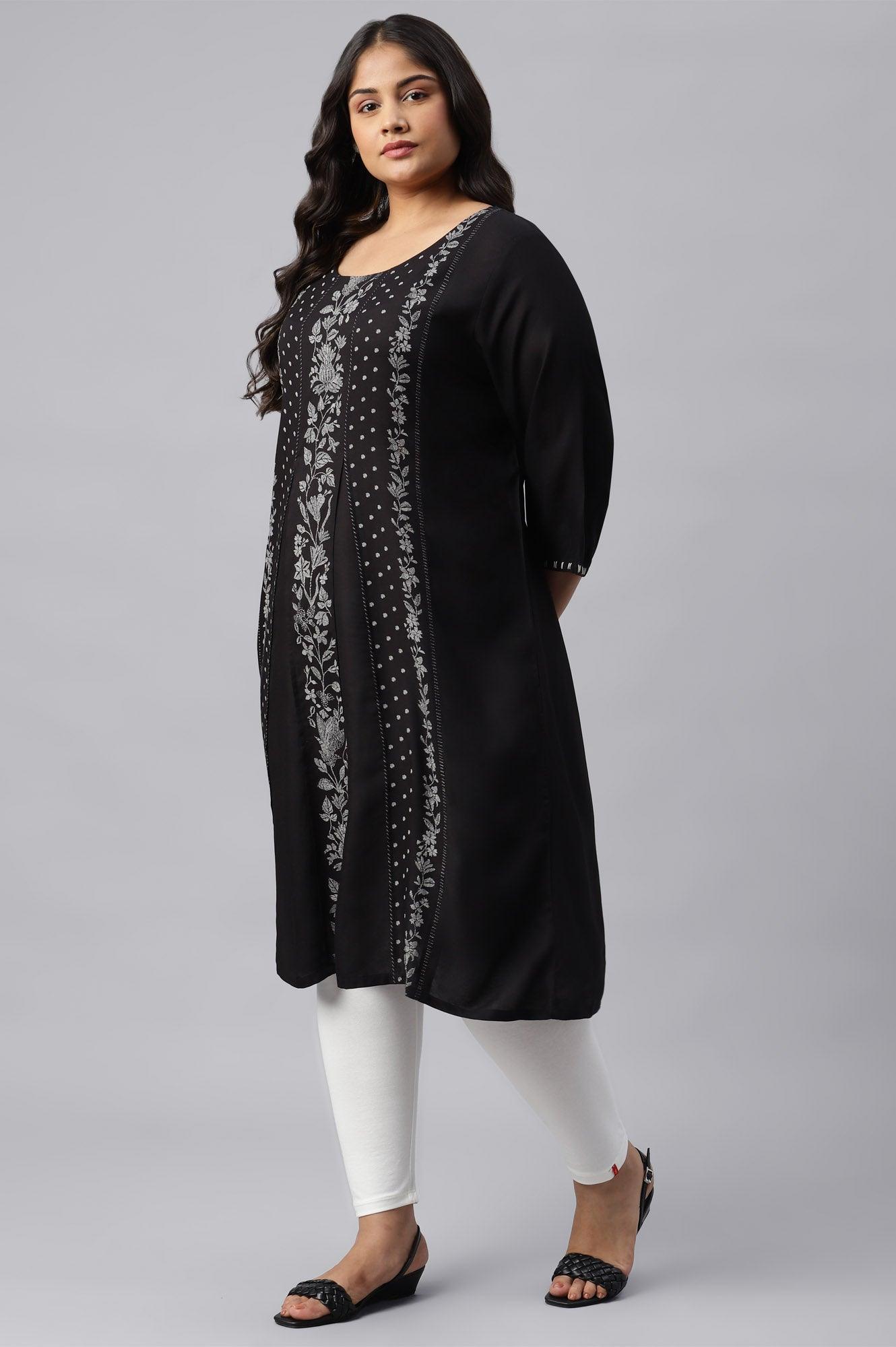 Plus Size Black Floral Print Round Neck kurta With Godets - wforwoman