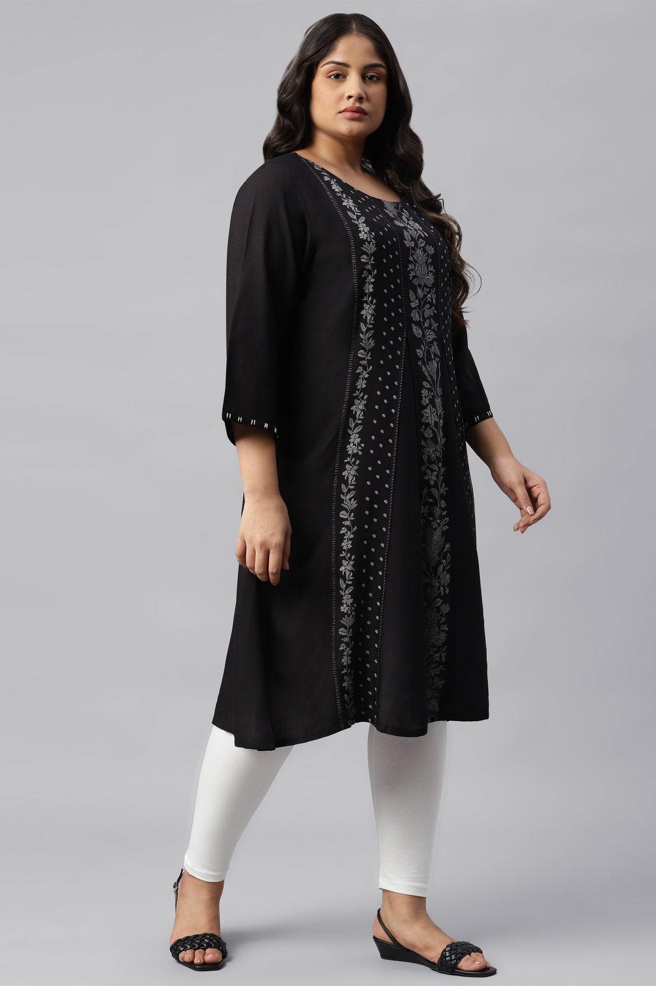Plus Size Black Floral Print Round Neck kurta With Godets - wforwoman