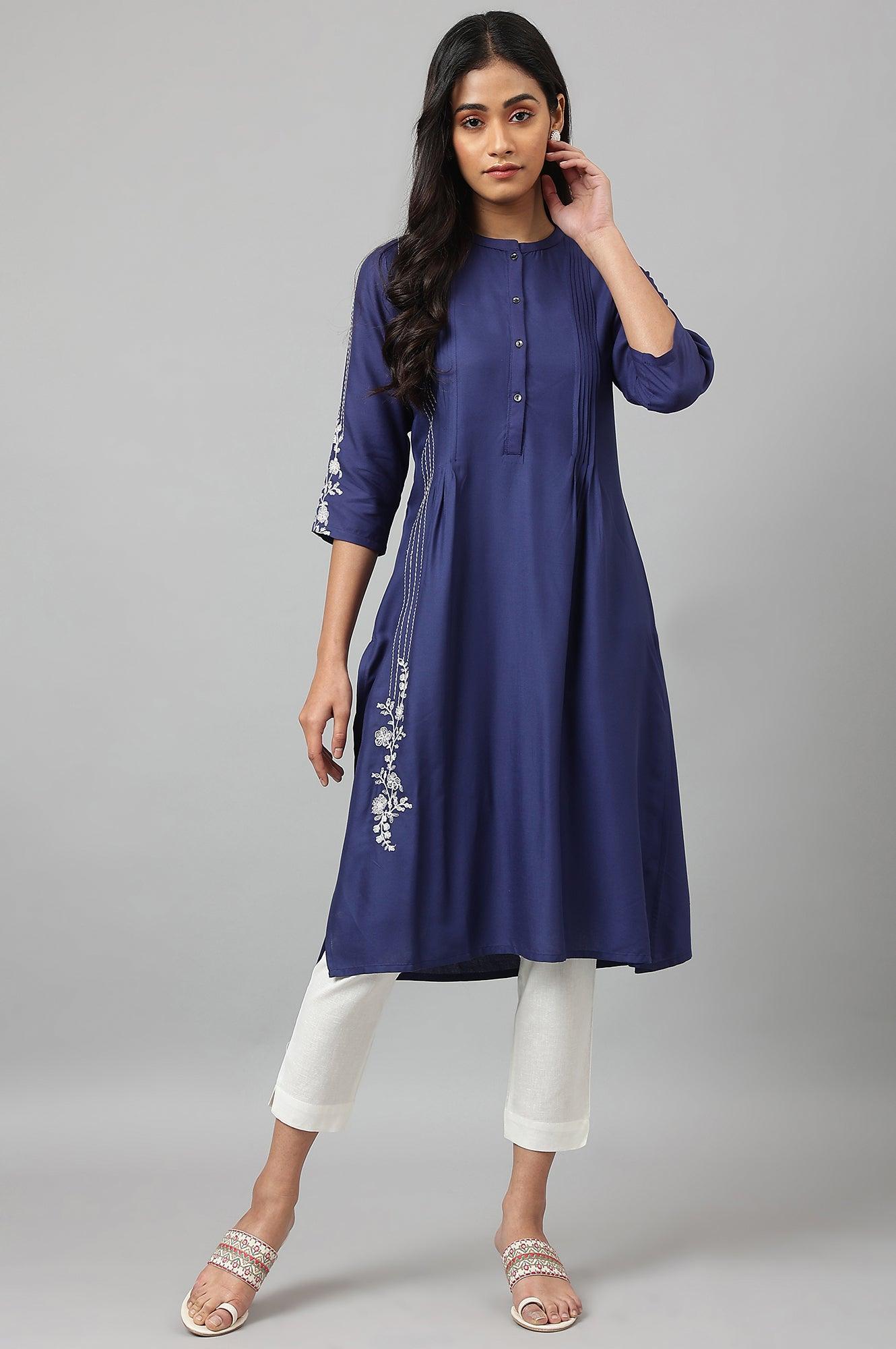 Dark Blue Embroidered kurta With Pleats - wforwoman