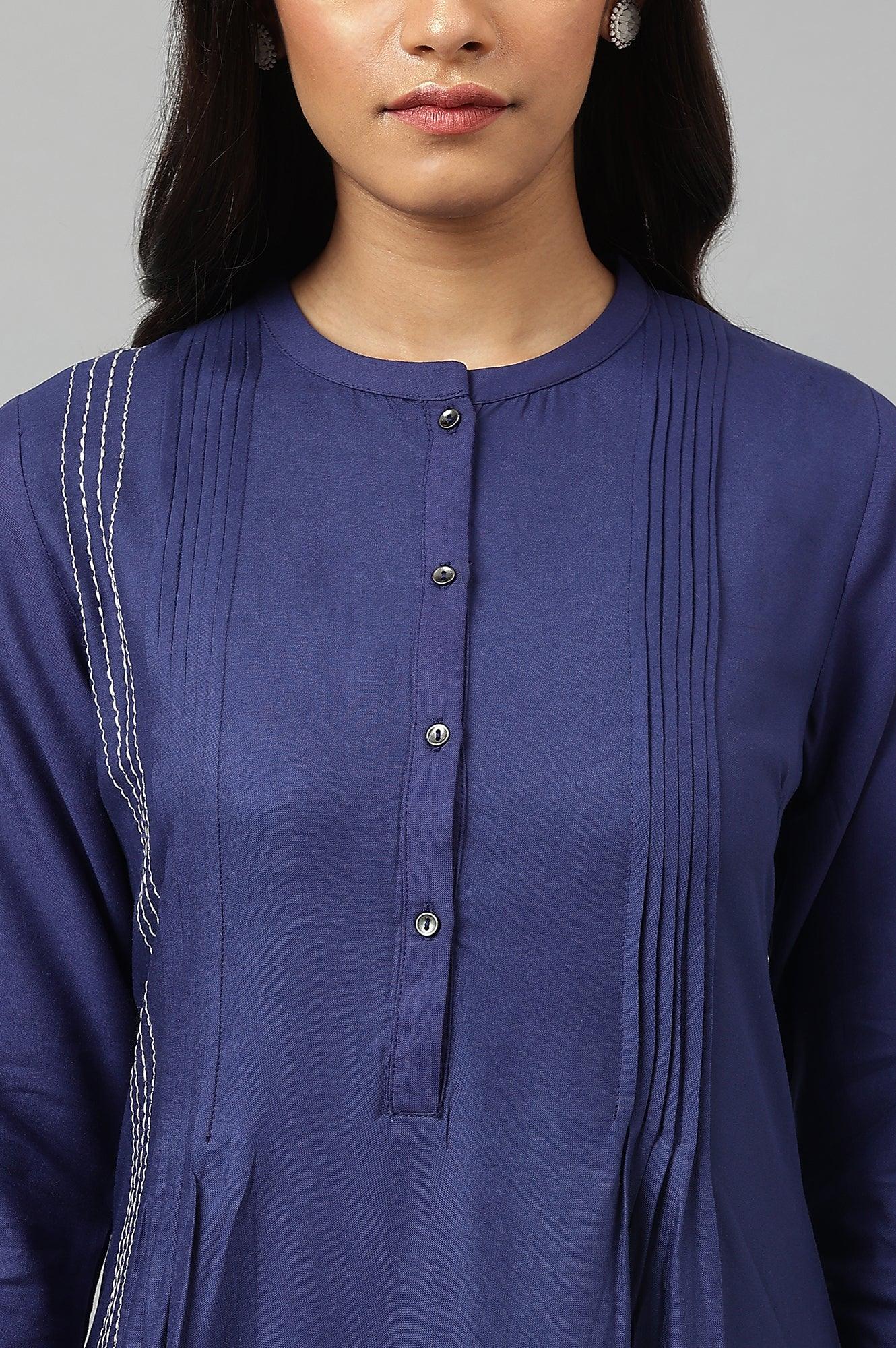 Dark Blue Embroidered kurta With Pleats - wforwoman