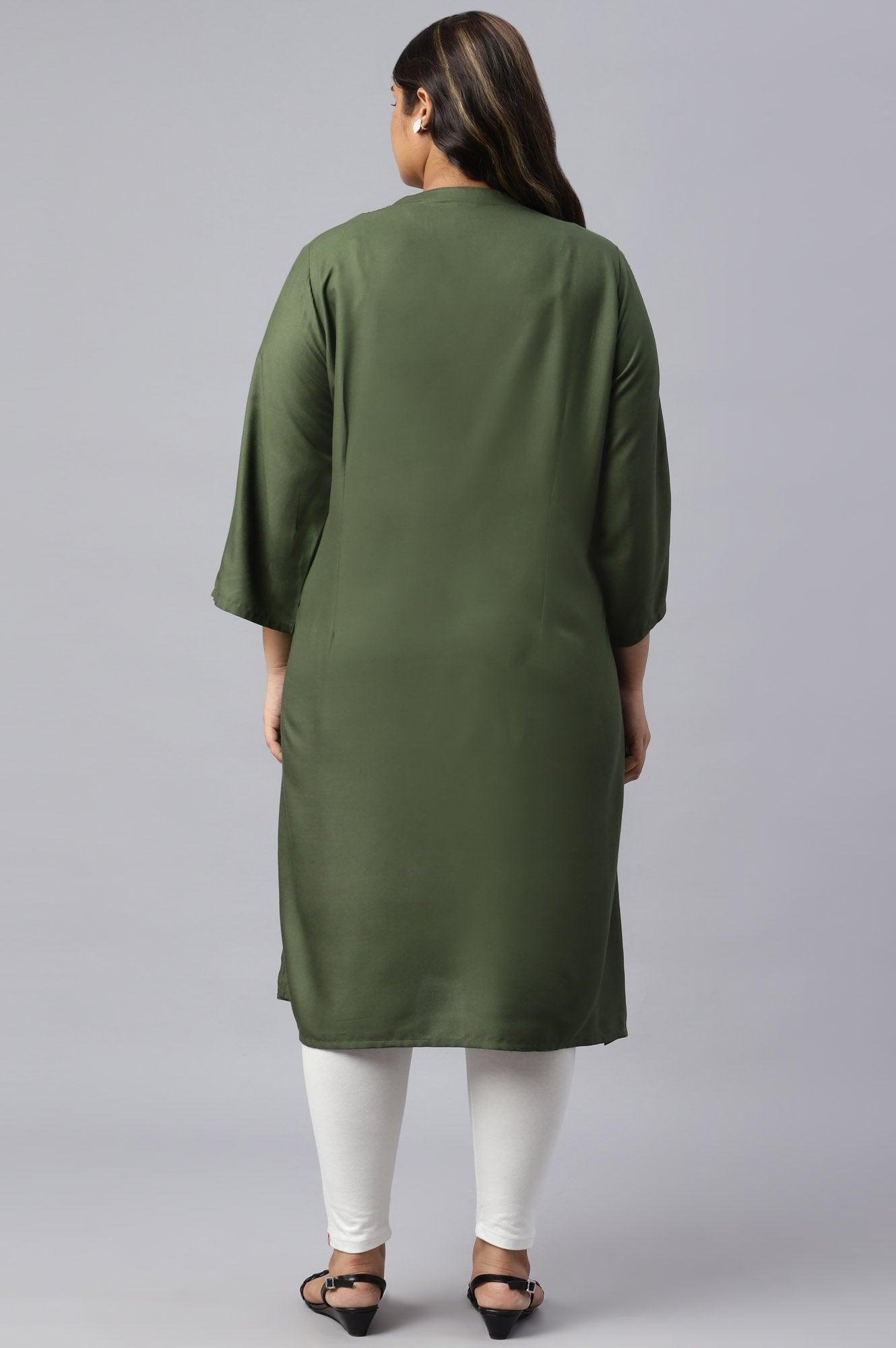 Plus Size Olive Green Pleated kurta With Embroidery - wforwoman