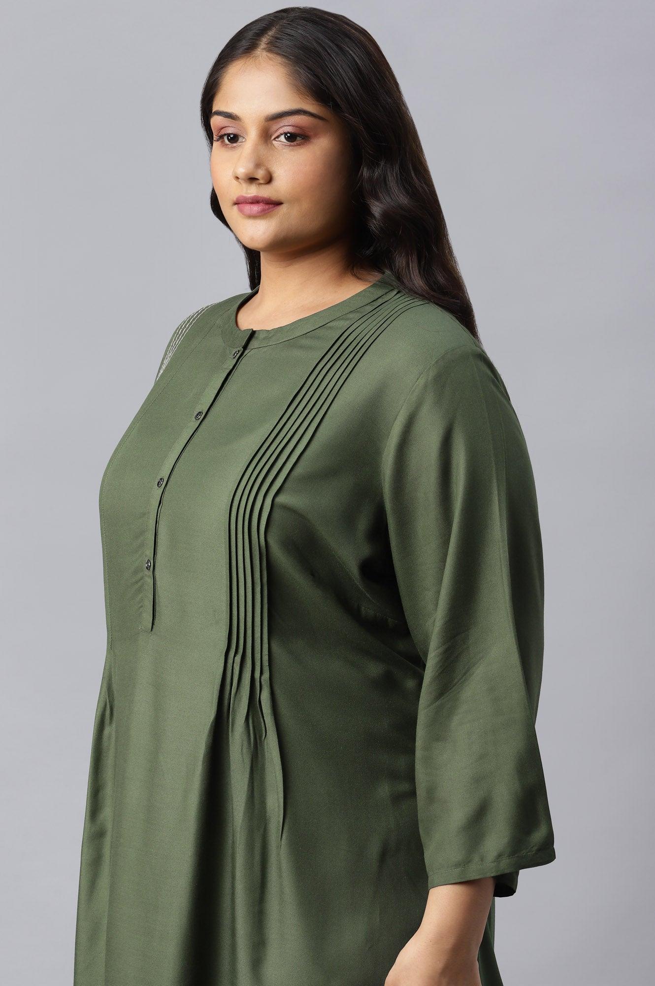 Plus Size Olive Green Pleated kurta With Embroidery - wforwoman