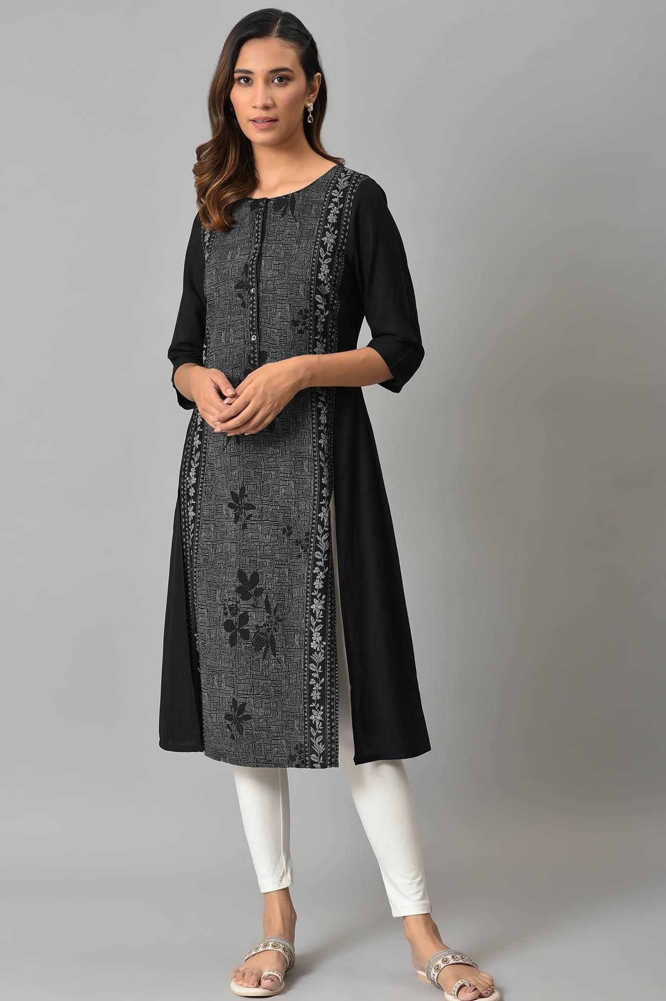 Black Panelled kurta With Front Slit - wforwoman