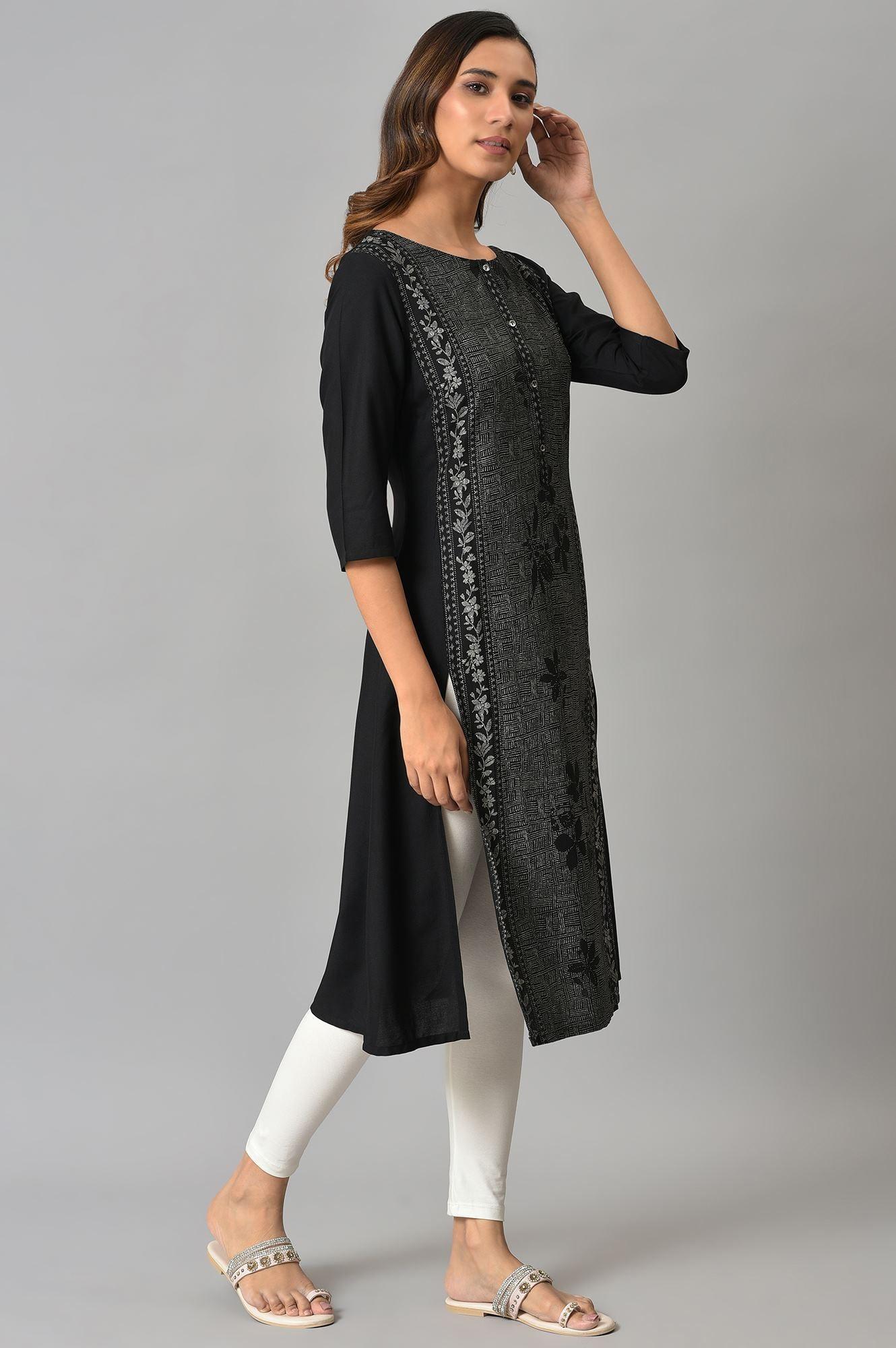Black Panelled kurta With Front Slit - wforwoman