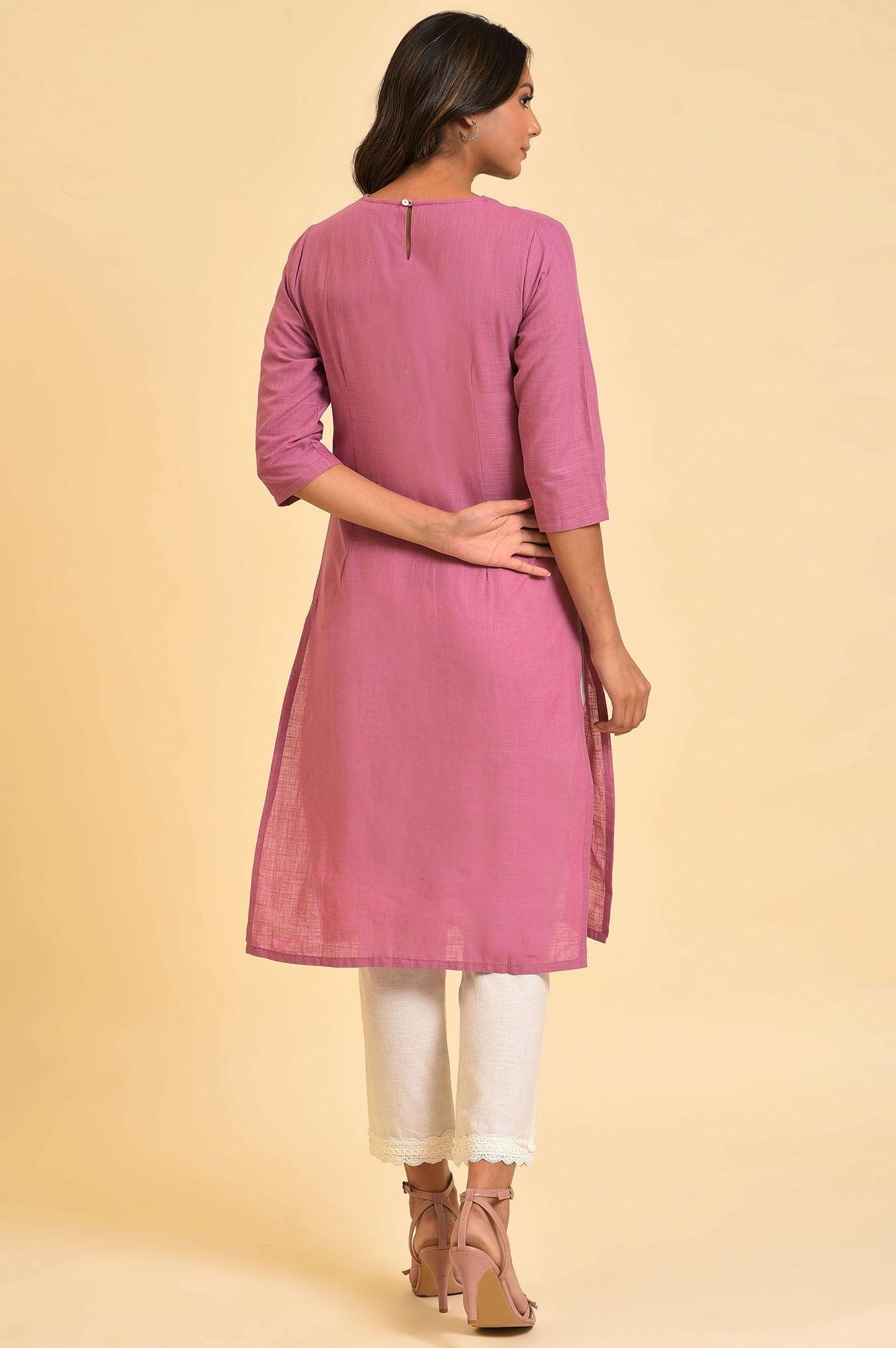Berry Pink Embroidered kurta With Pin Tucks - wforwoman