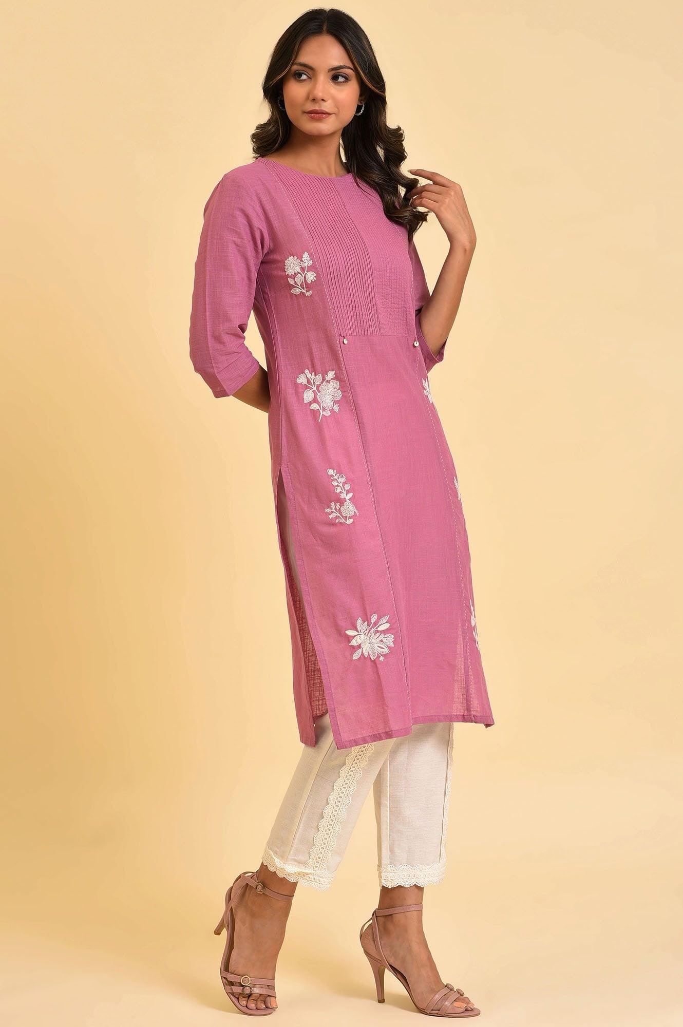 Berry Pink Embroidered kurta With Pin Tucks - wforwoman