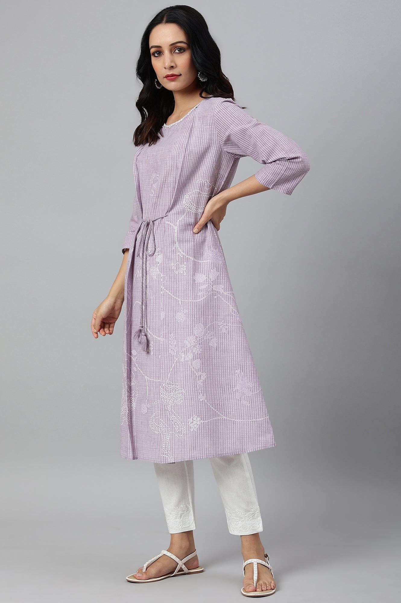 Lilac Embroidered Mock Layer kurta - wforwoman