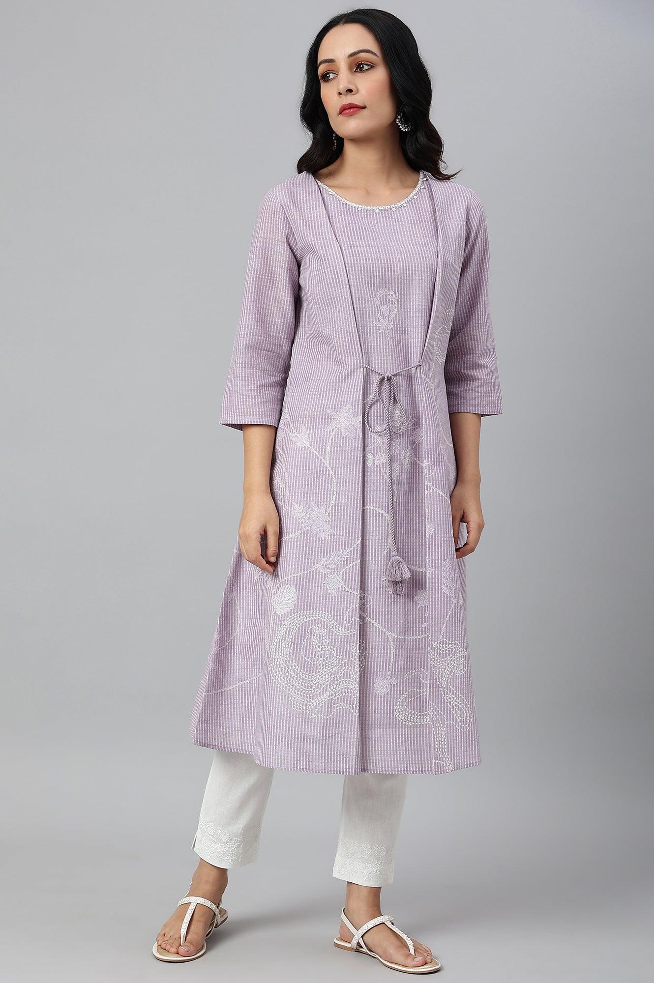 Lilac Embroidered Mock Layer kurta - wforwoman