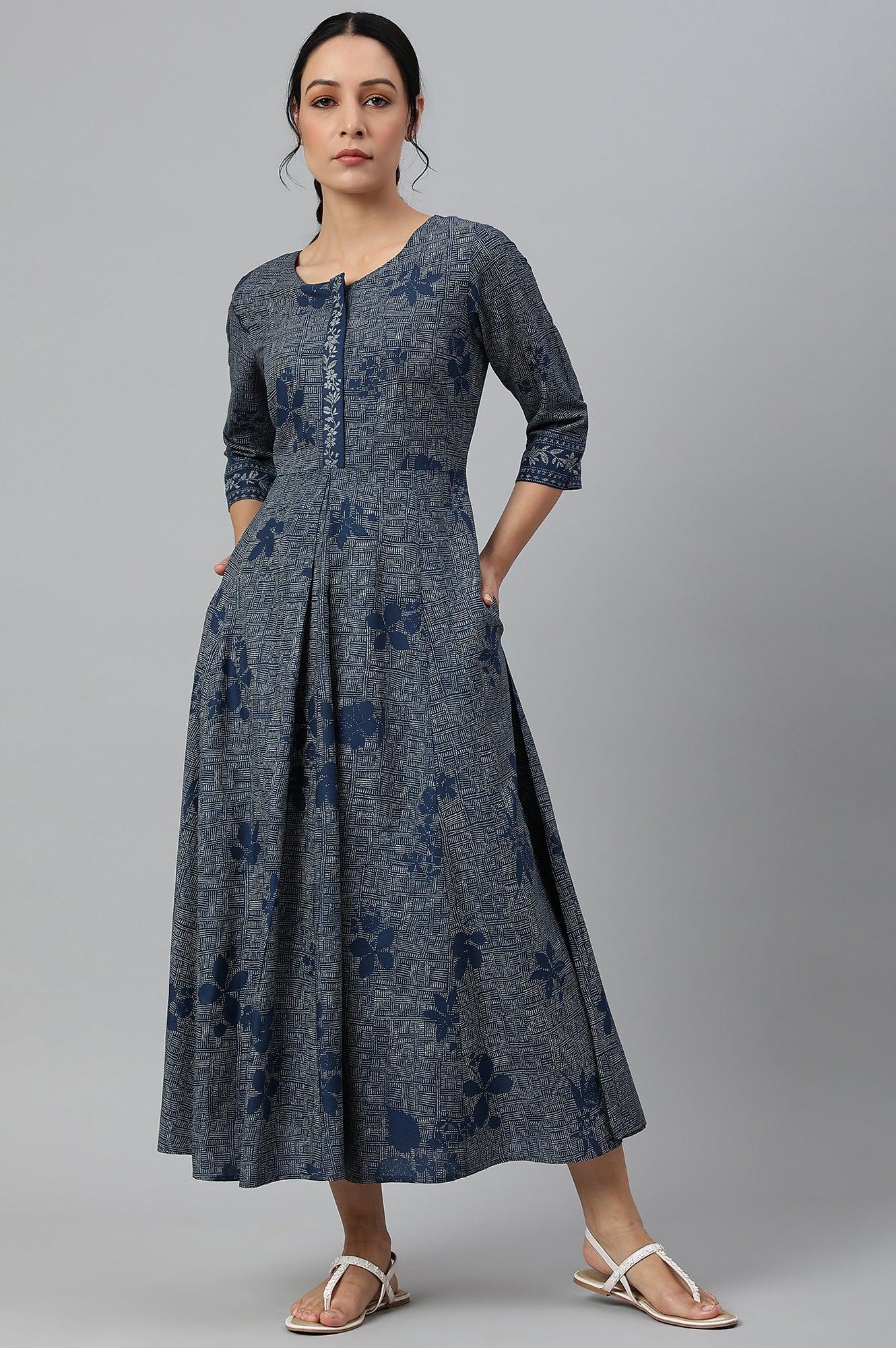 Blue Floral Printed Flared Indie Dress - wforwoman