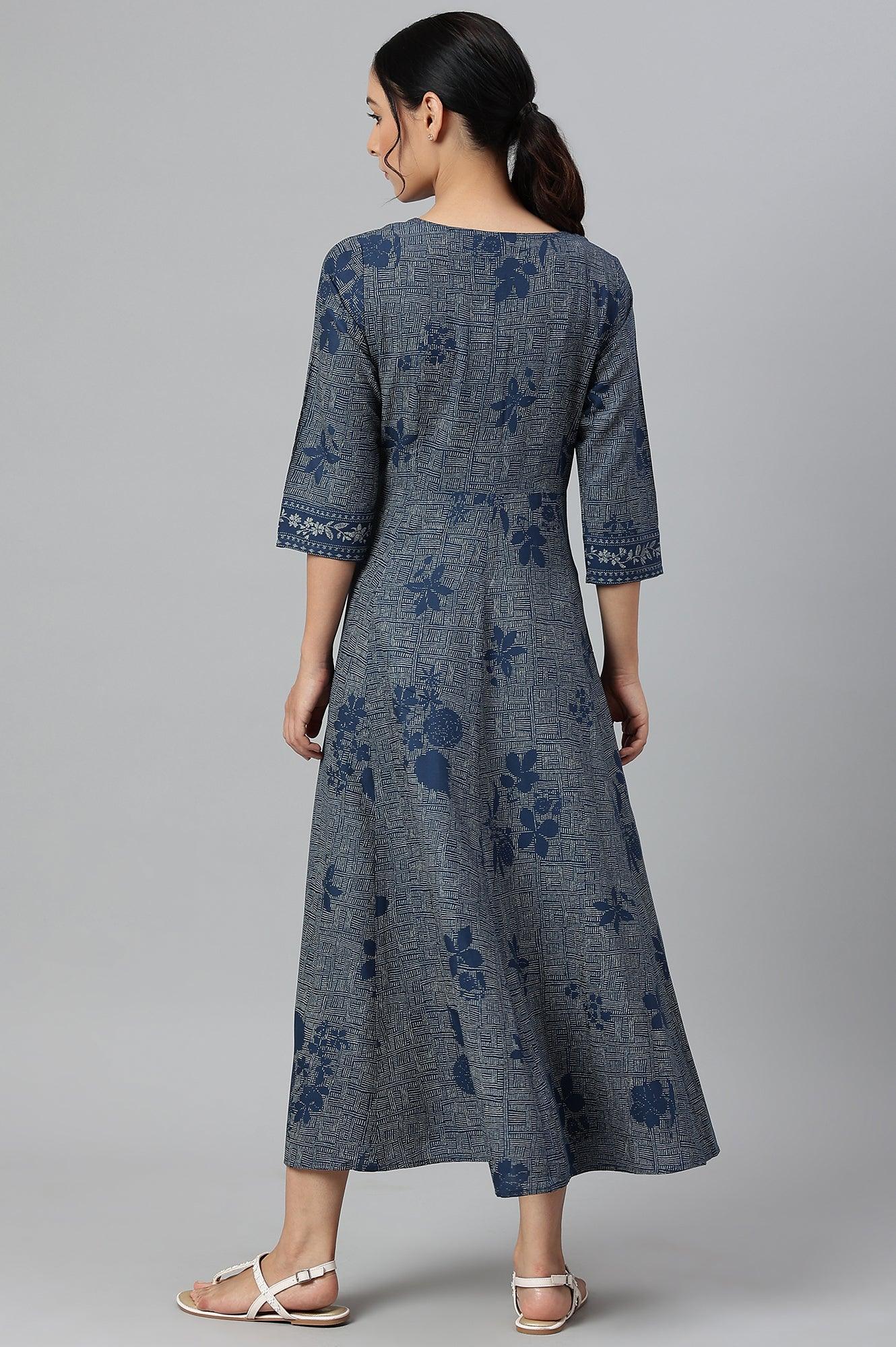 Blue Floral Printed Flared Indie Dress - wforwoman