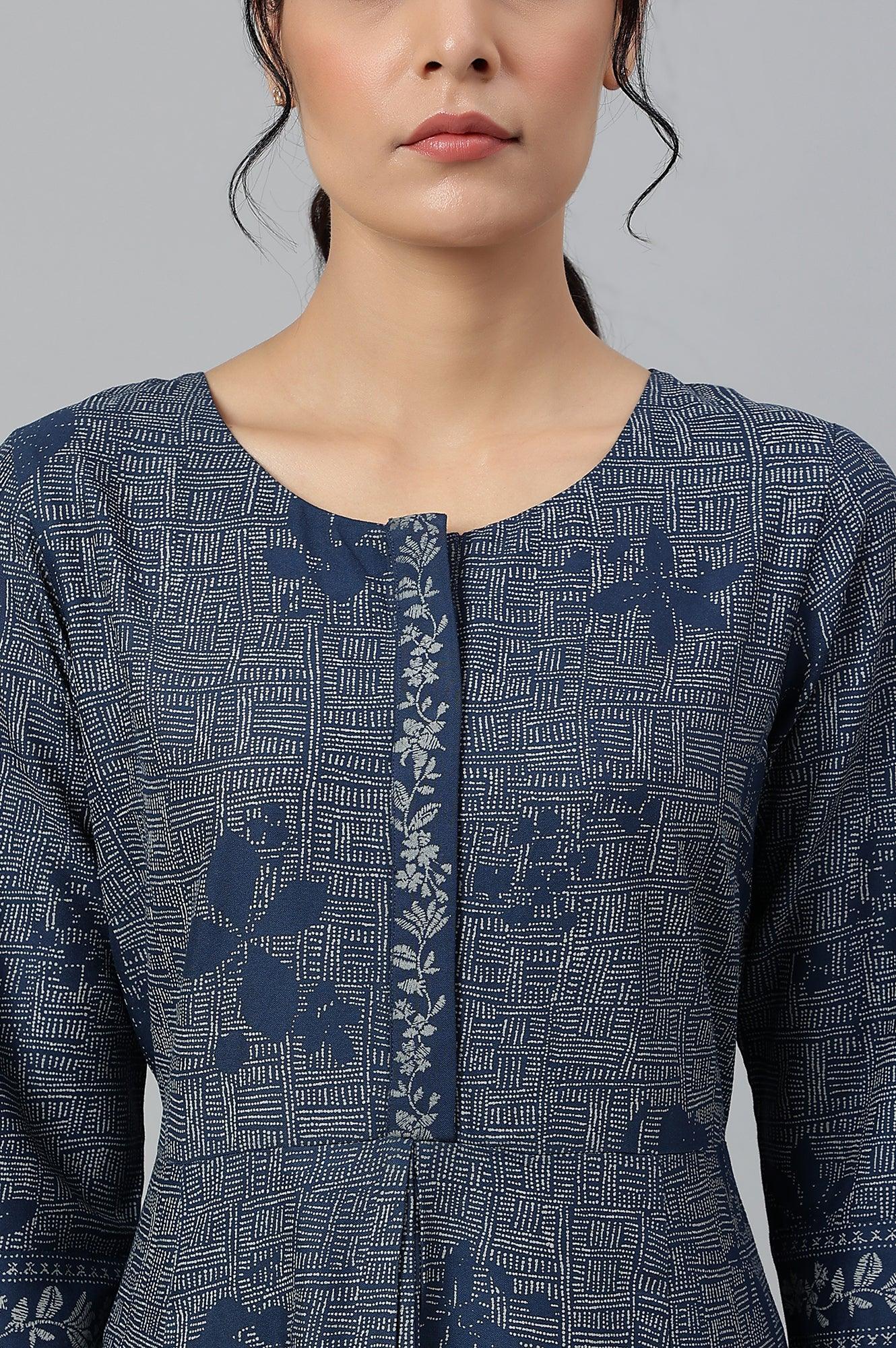 Blue Floral Printed Flared Indie Dress - wforwoman