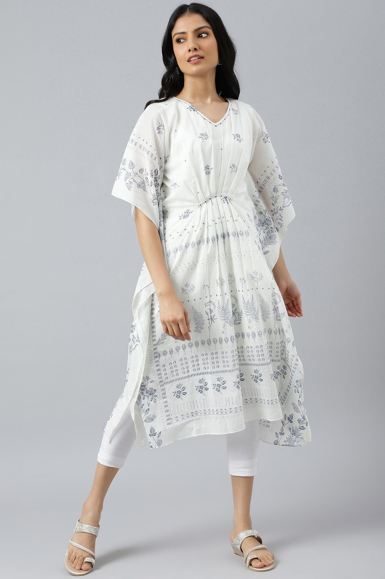 Ecru Floral Printed Flared Kaftan - wforwoman