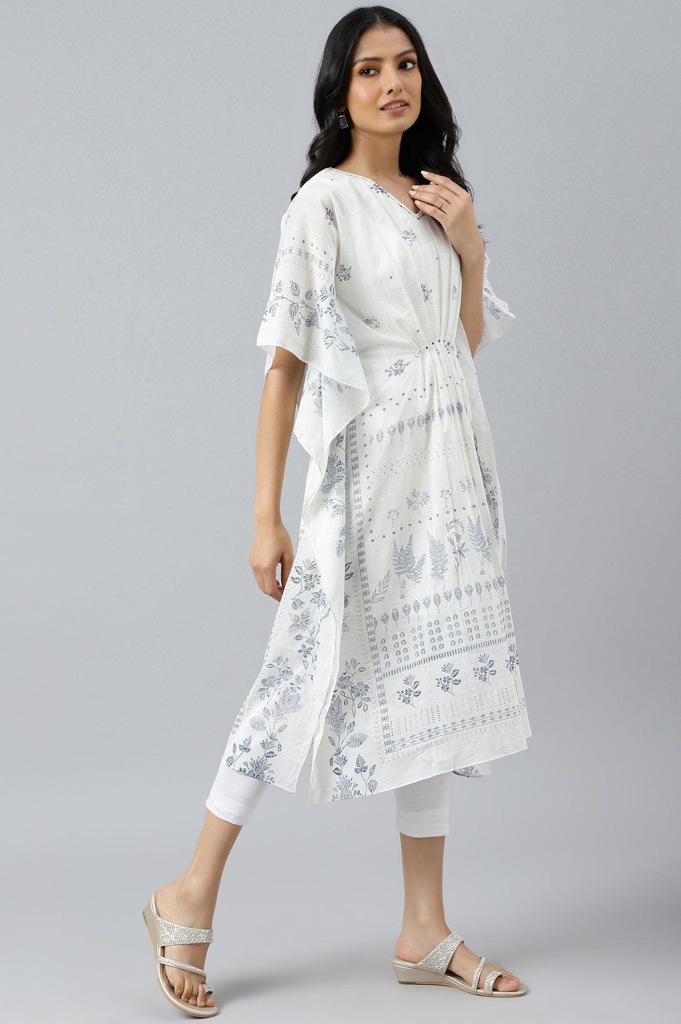 Ecru Floral Printed Flared Kaftan - wforwoman