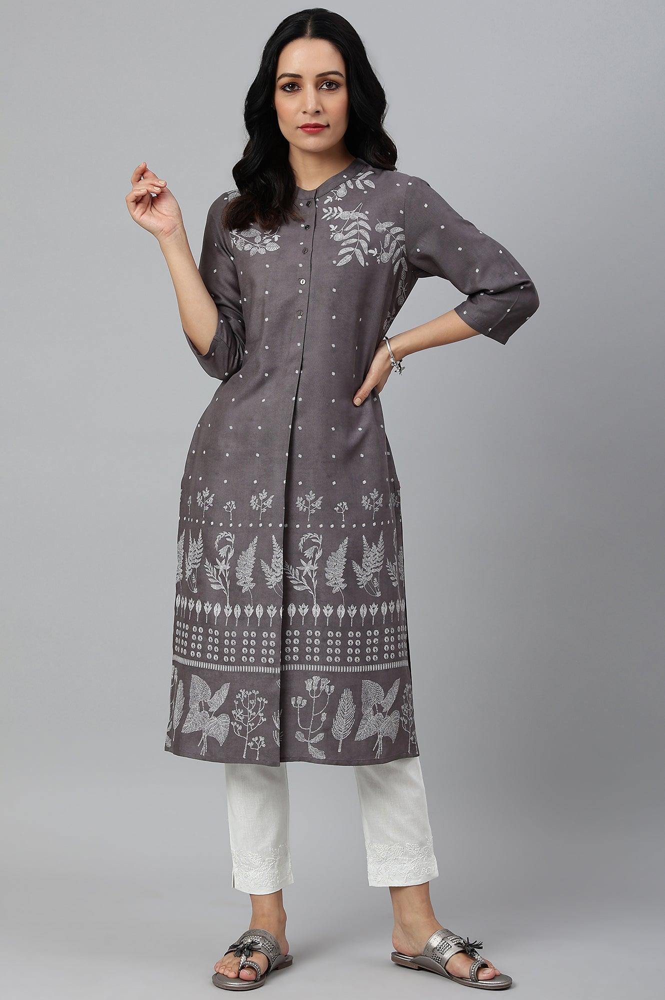 Tornado Grey Printed kurta In Half Placket - wforwoman
